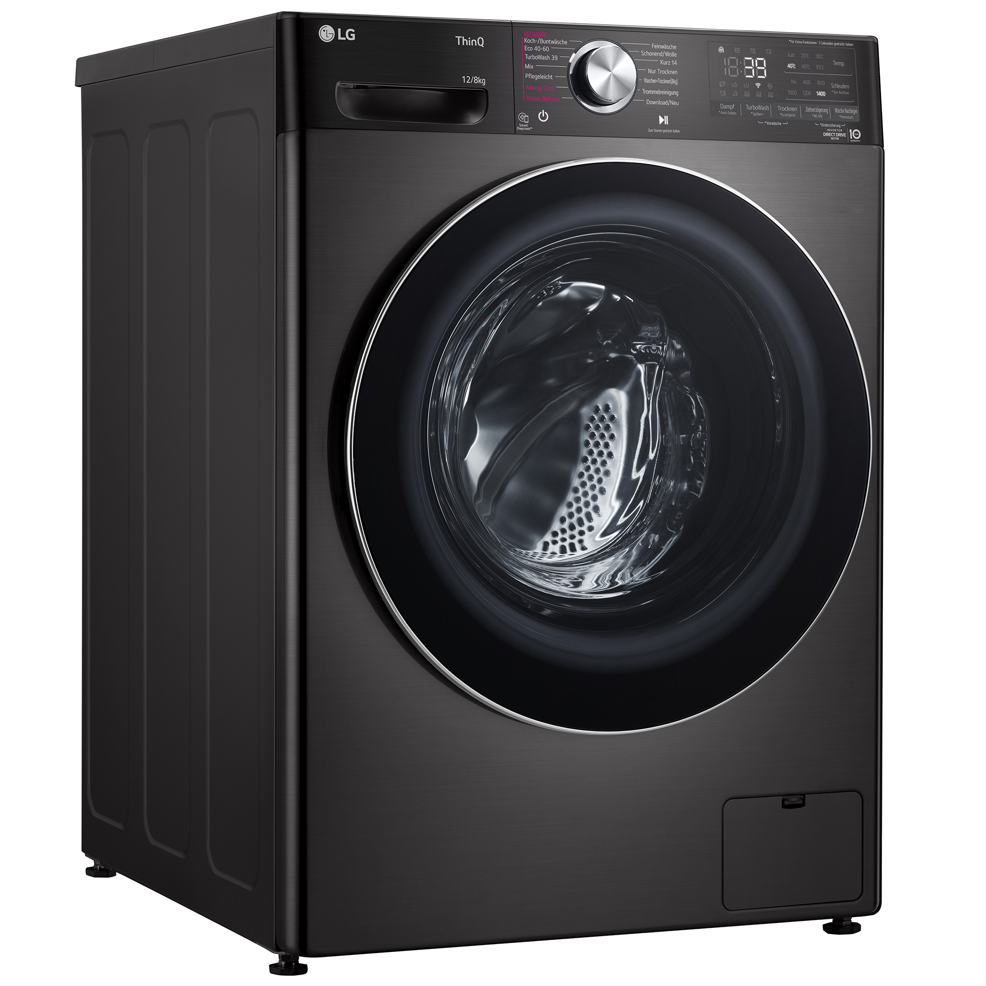 Schwarze LG-Waschmaschine. Sie hat eine große Tür zum Beladen von vorne. Bedienelemente oben. Digitalanzeige zeigt Zeit und Einstellungen.