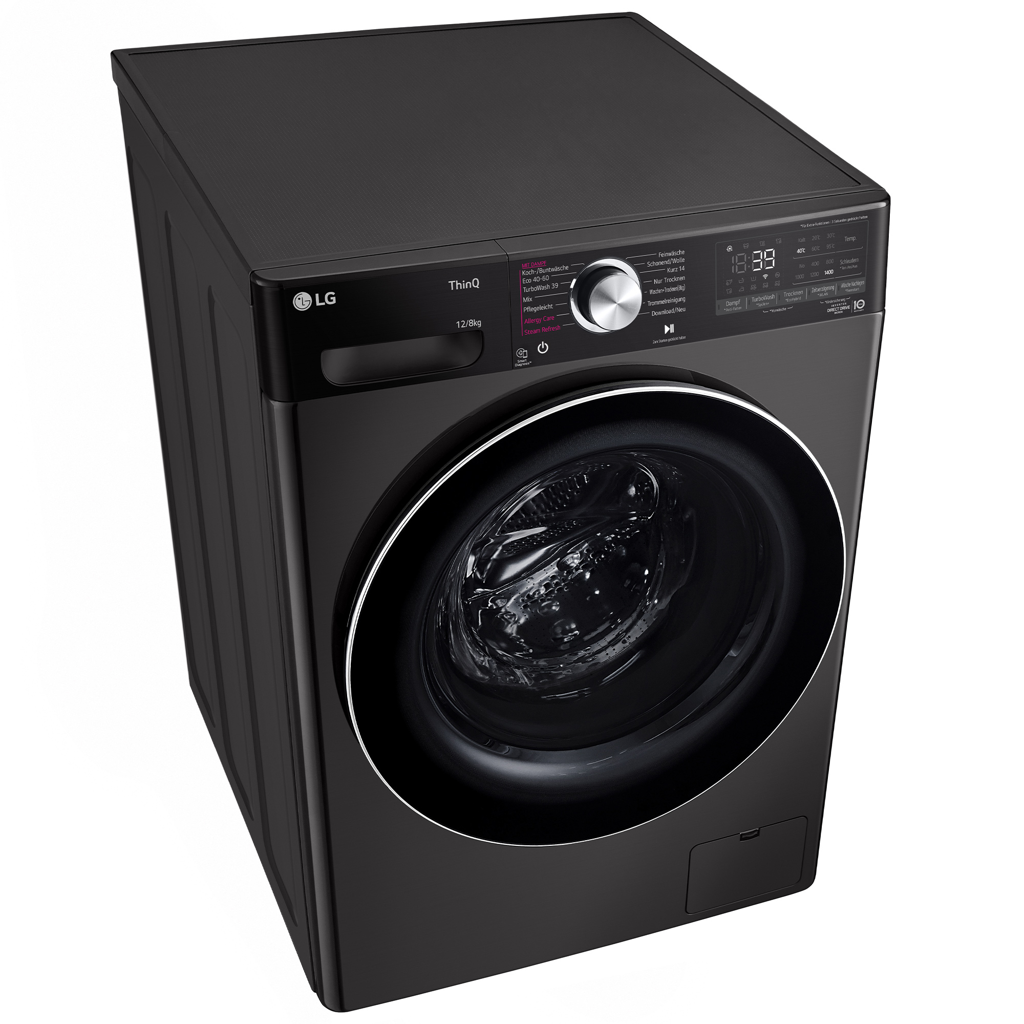 Schwarze LG Waschmaschine. Sie hat ein Bedienfeld, eine Tür und ein Display. Die Maschine steht auf weißem Grund.