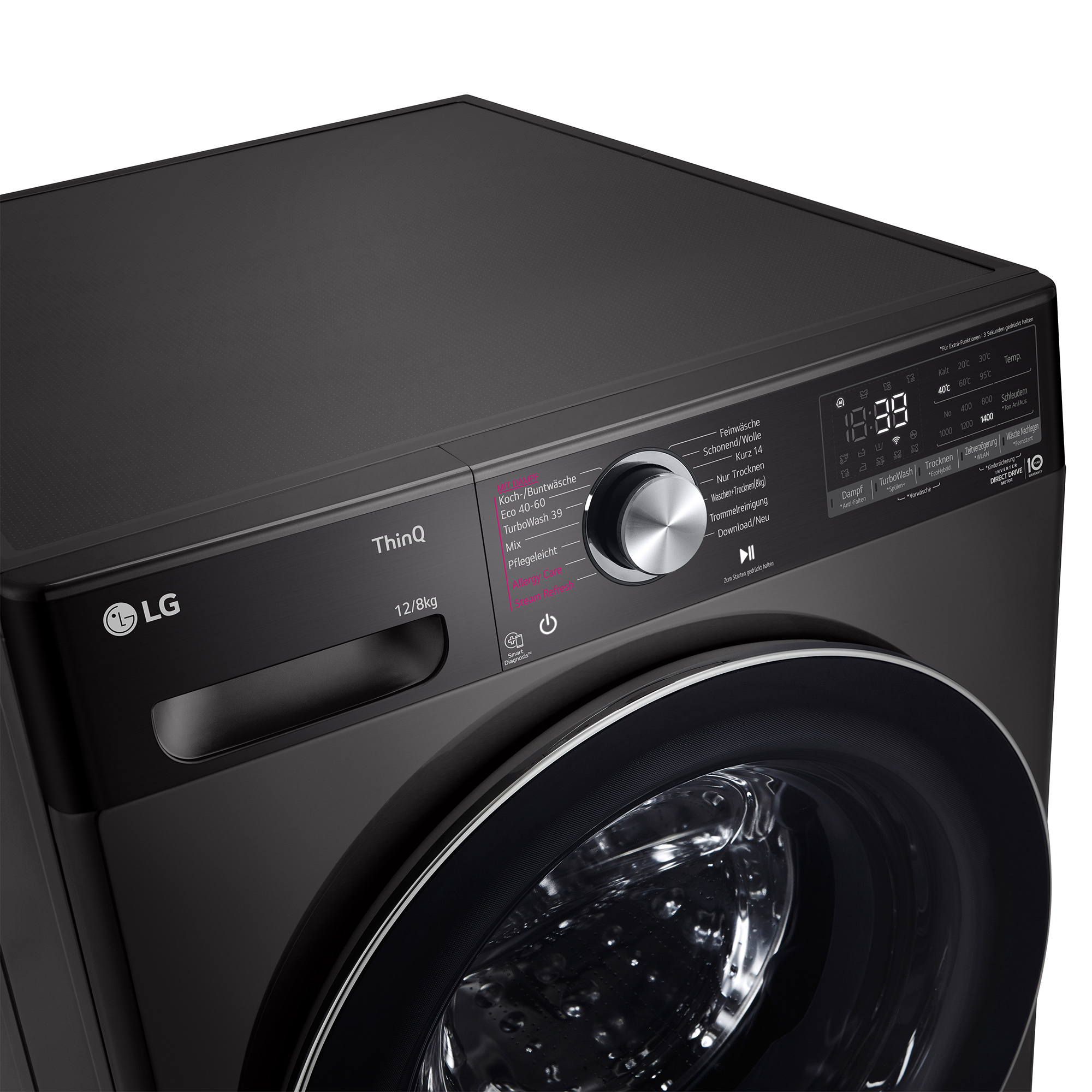 Eine schwarze LG-Waschmaschine mit Digitalanzeige, die Einstellungen anzeigt, und einem Drehknopf für Waschgänge.
