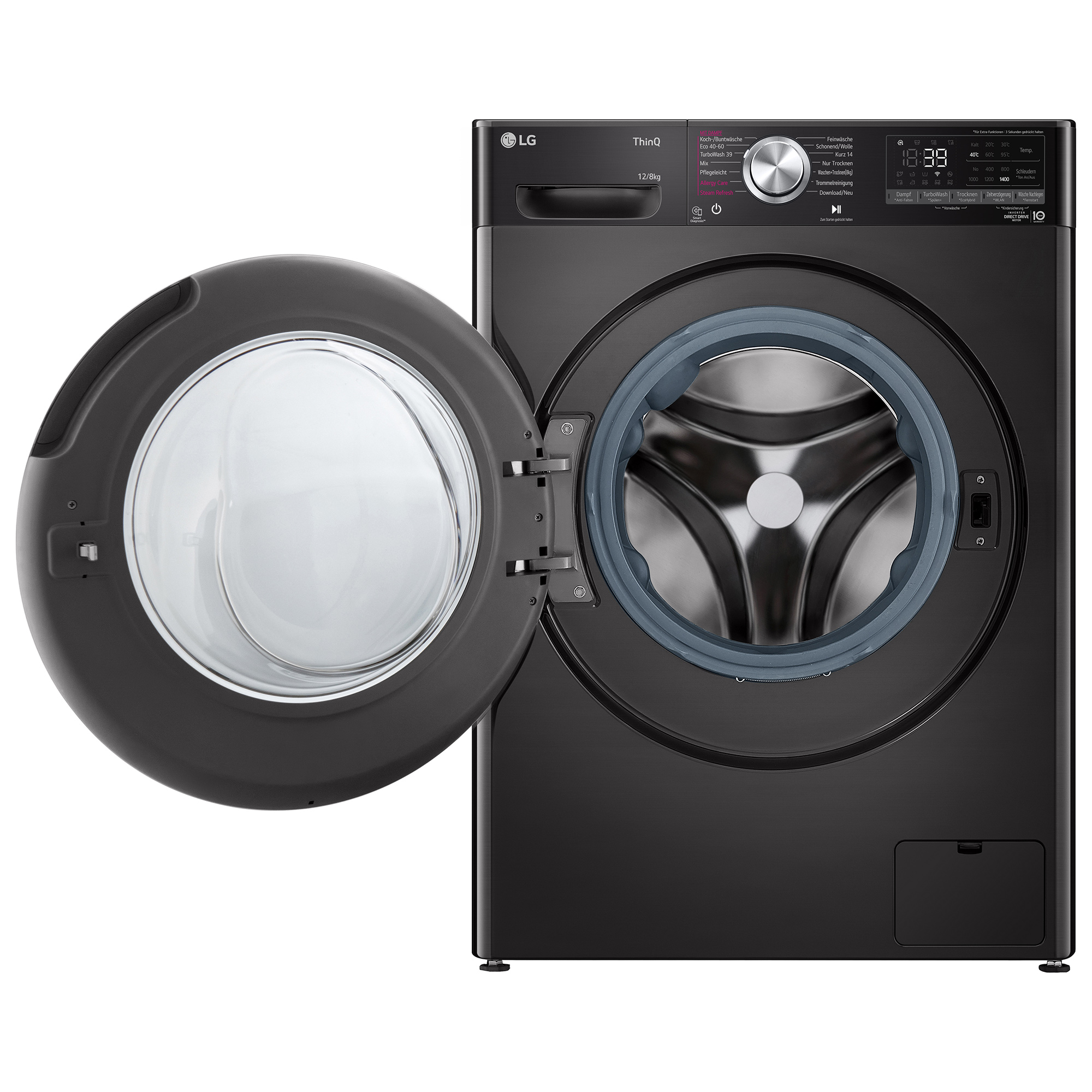 Eine schwarze LG-Waschmaschine mit geöffneter Tür. Das Bedienfeld zeigt verschiedene Waschoptionen und eine Digitalanzeige.