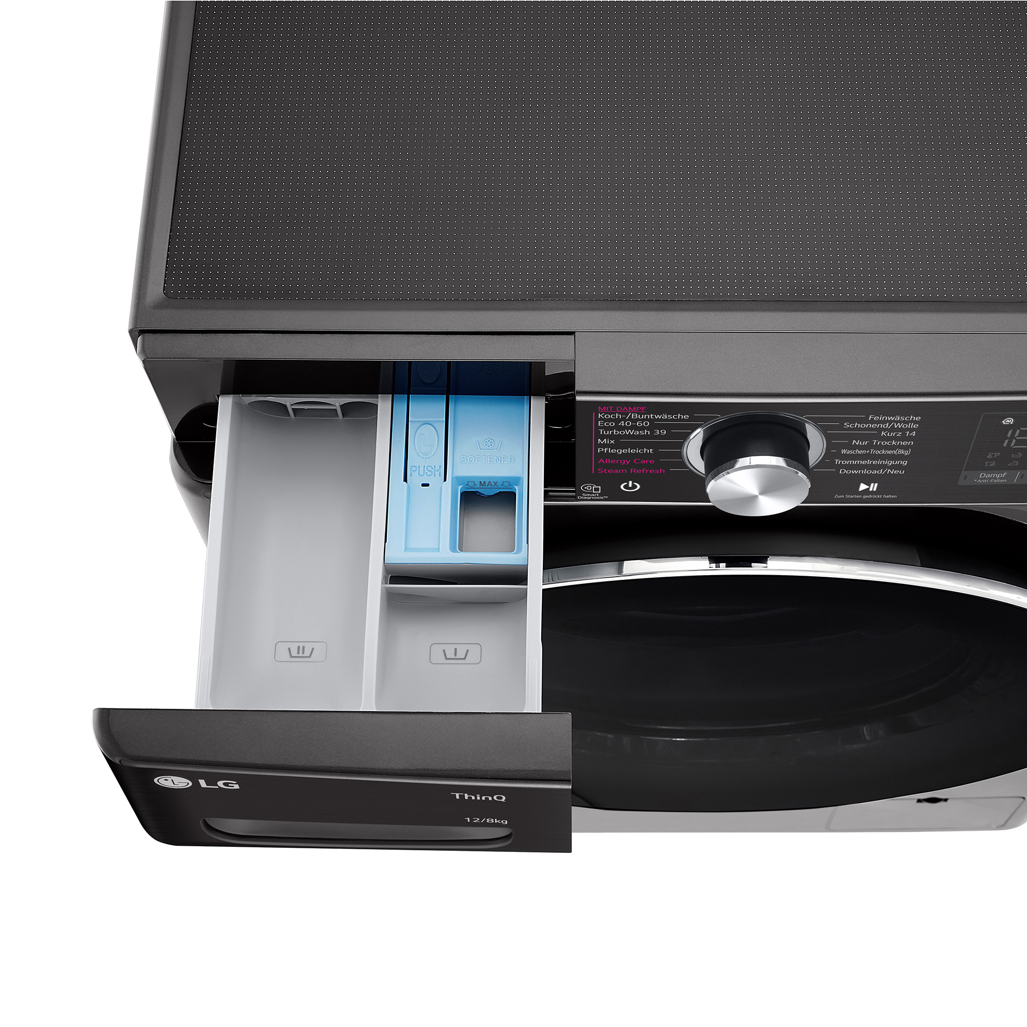 Nahaufnahme einer LG-Waschmaschine mit geöffneter Waschmittelschublade, Bedienfeld und Trommel.