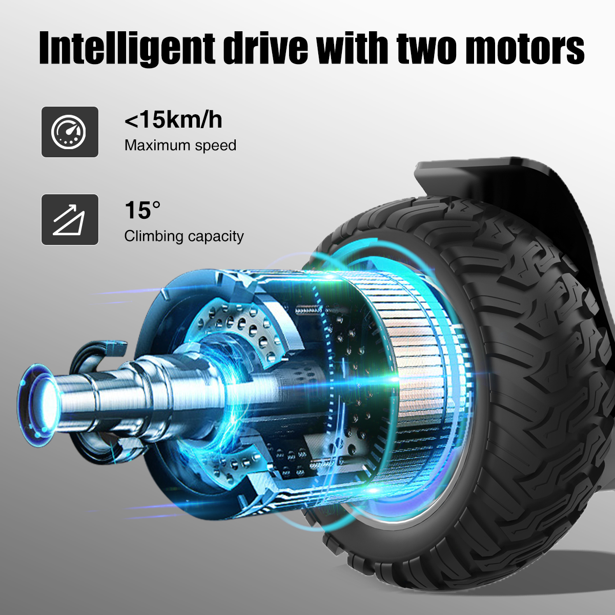 Image shows a self-balancing scooter with specifications: max speed <lt/>15km/h and 15° climbing capacity. The drive system is highlighted.
