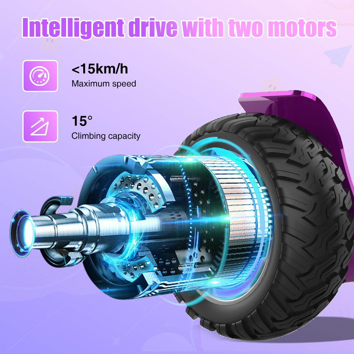 Imagen de la rueda y detalles del motor de un hoverboard, con información de velocidad y capacidad de ascenso. Acentos morados, efectos de luz azul y texto superpuesto.