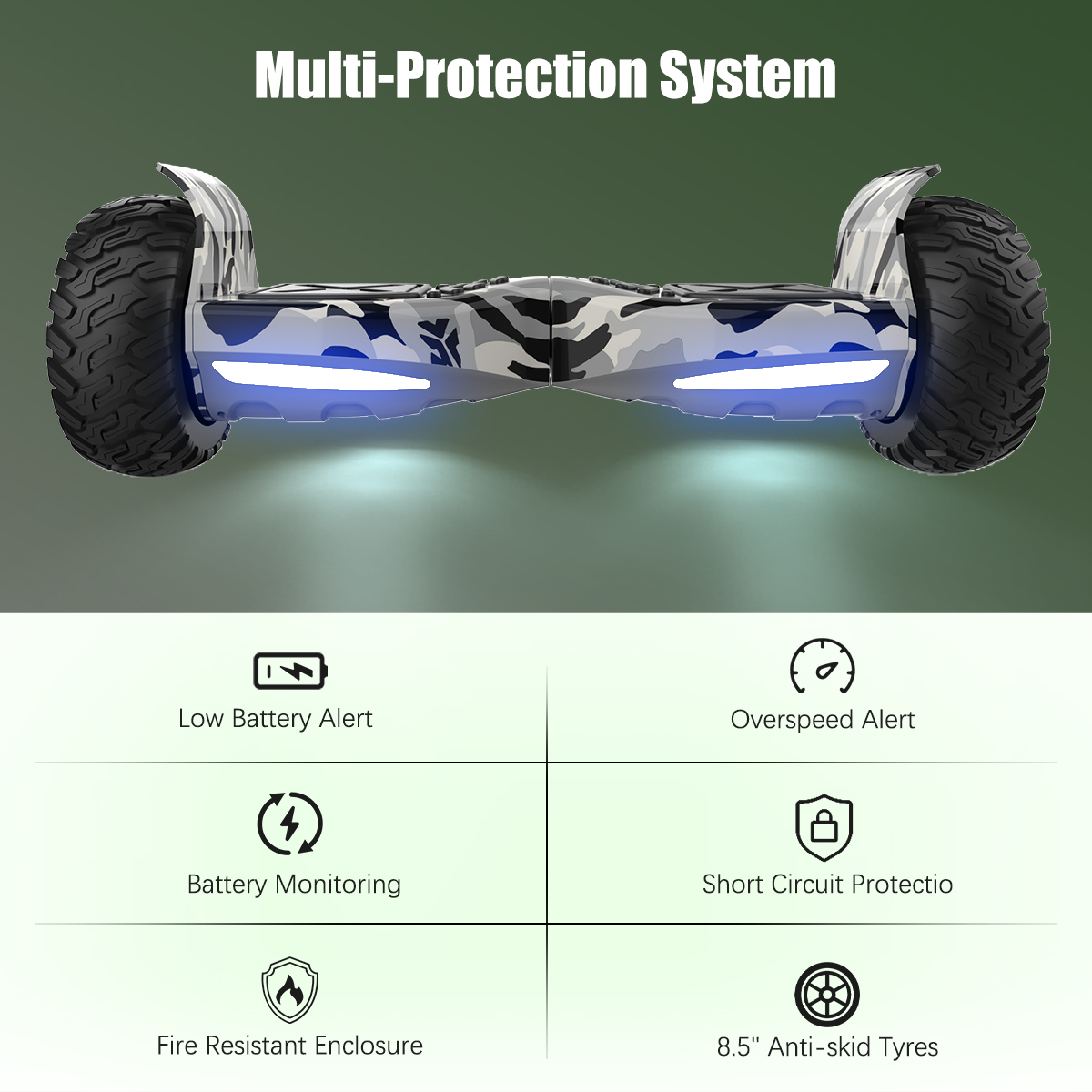 Hoverboard met camo-ontwerp, met grote, noppenbanden en blauwe LED-verlichting.