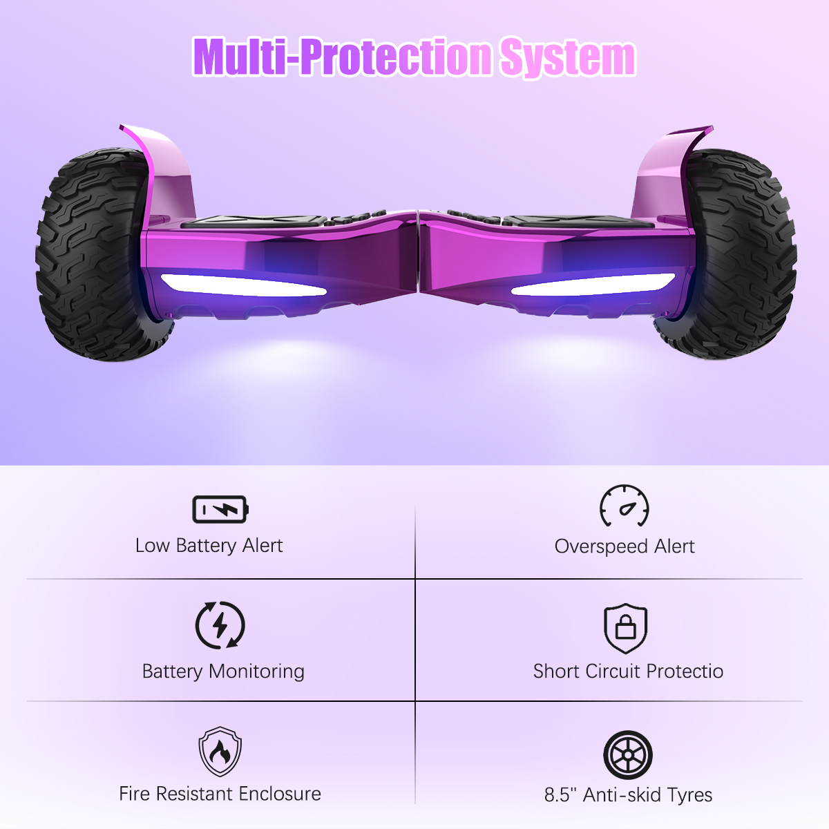 Se muestra un hoverboard morado con neumáticos negros. El texto dice 'Multi-Protection System' con iconos de alertas y funciones de seguridad.
