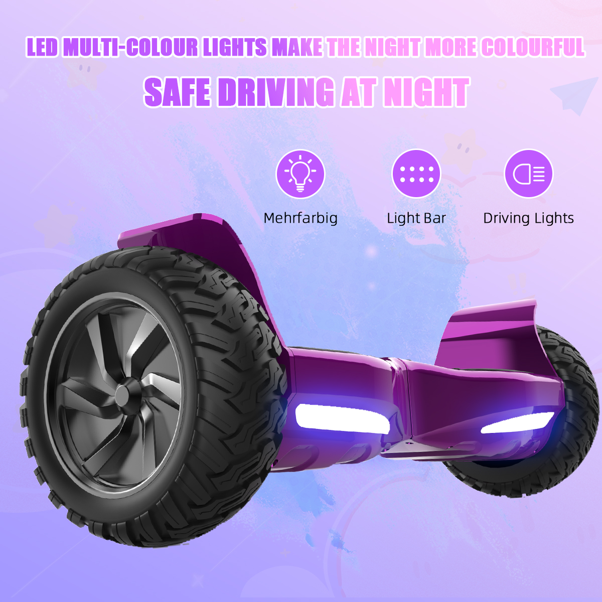 Se muestra un hoverboard morado con neumáticos negros. El texto superior dice: 'Las luces LED multicolores hacen que la noche sea más colorida'.