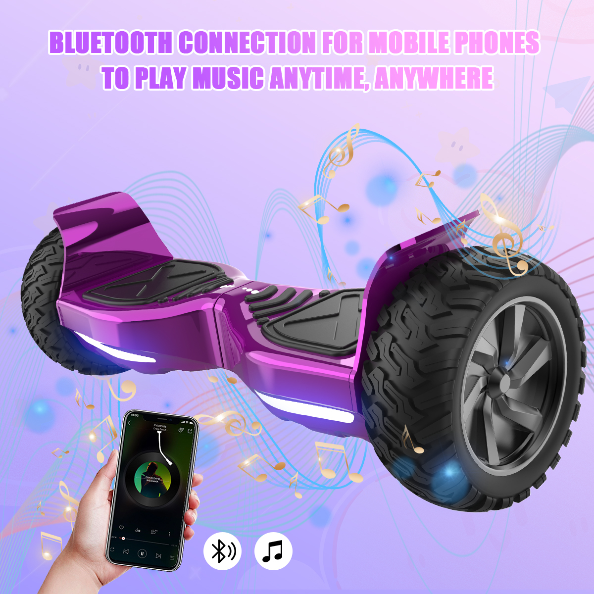 Un hoverboard morado con ruedas grandes, un teléfono mostrando música y notas musicales, sugiriendo reproducción de música Bluetooth.