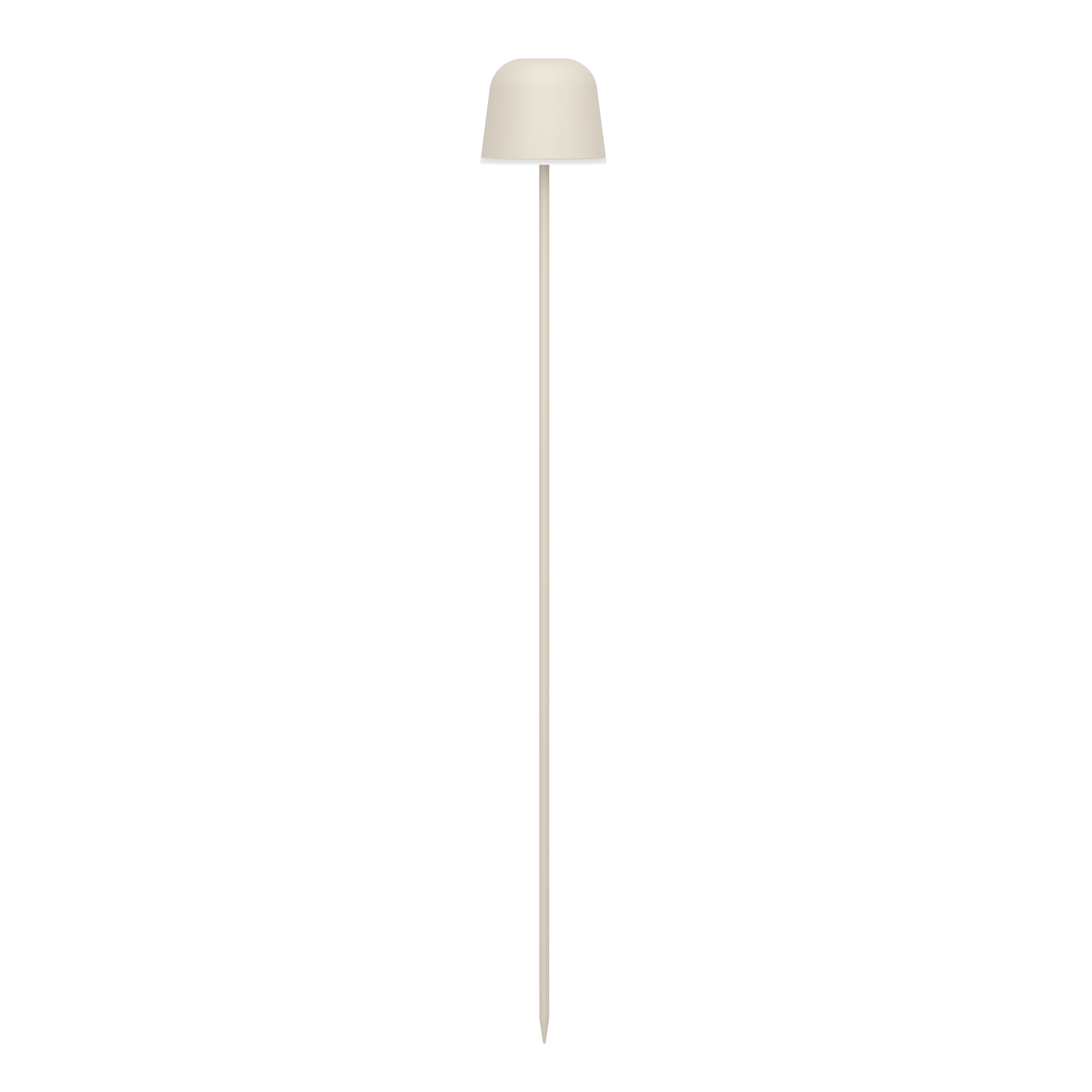 Eine hohe, cremefarbene Stehlampe vor schwarzem Hintergrund. Sie hat einen runden Lampenschirm und einen schlanken Stab.