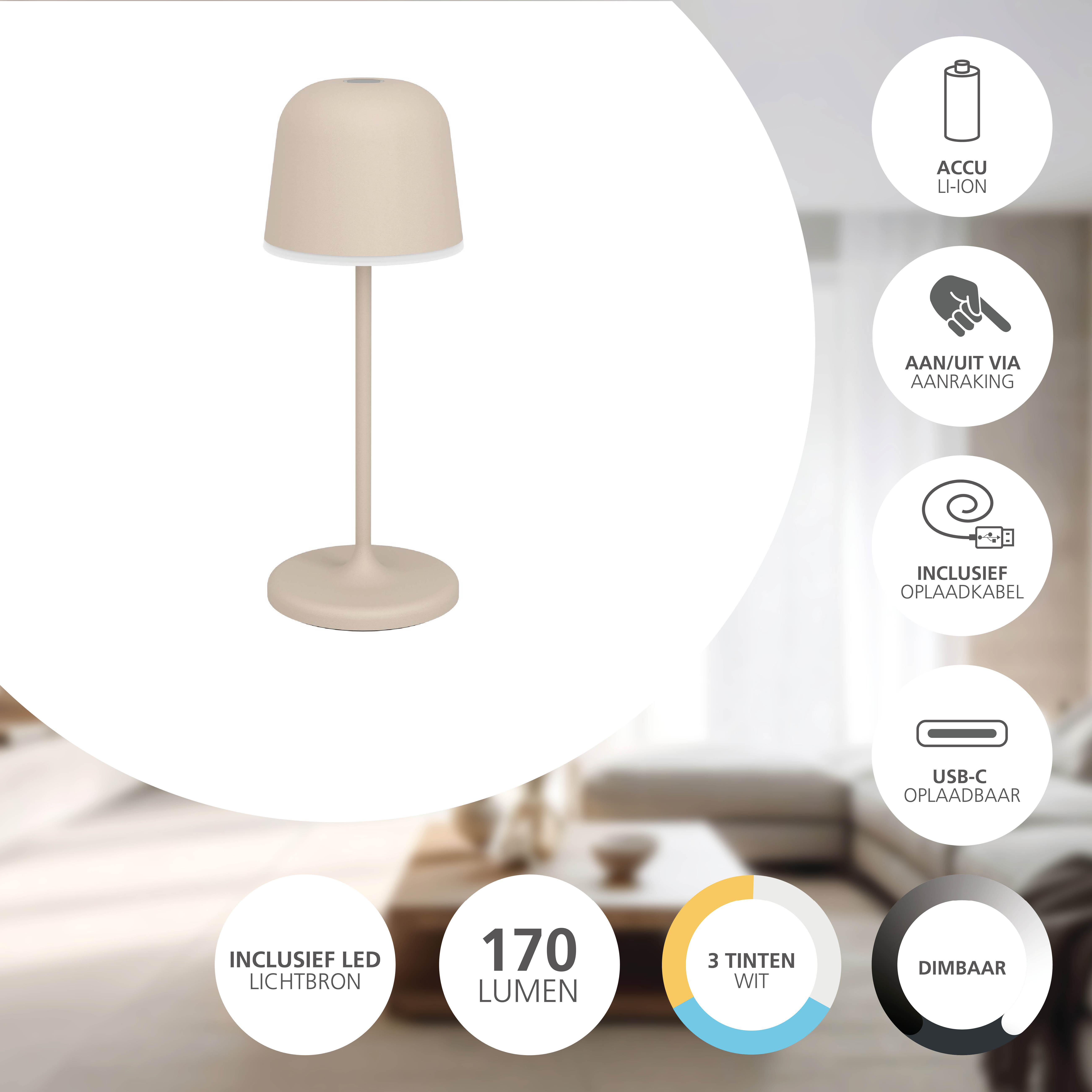 Eine beige Tischlampe mit rundem Sockel und Lampenschirm steht auf weißem Hintergrund. Symbole zeigen Funktionen.