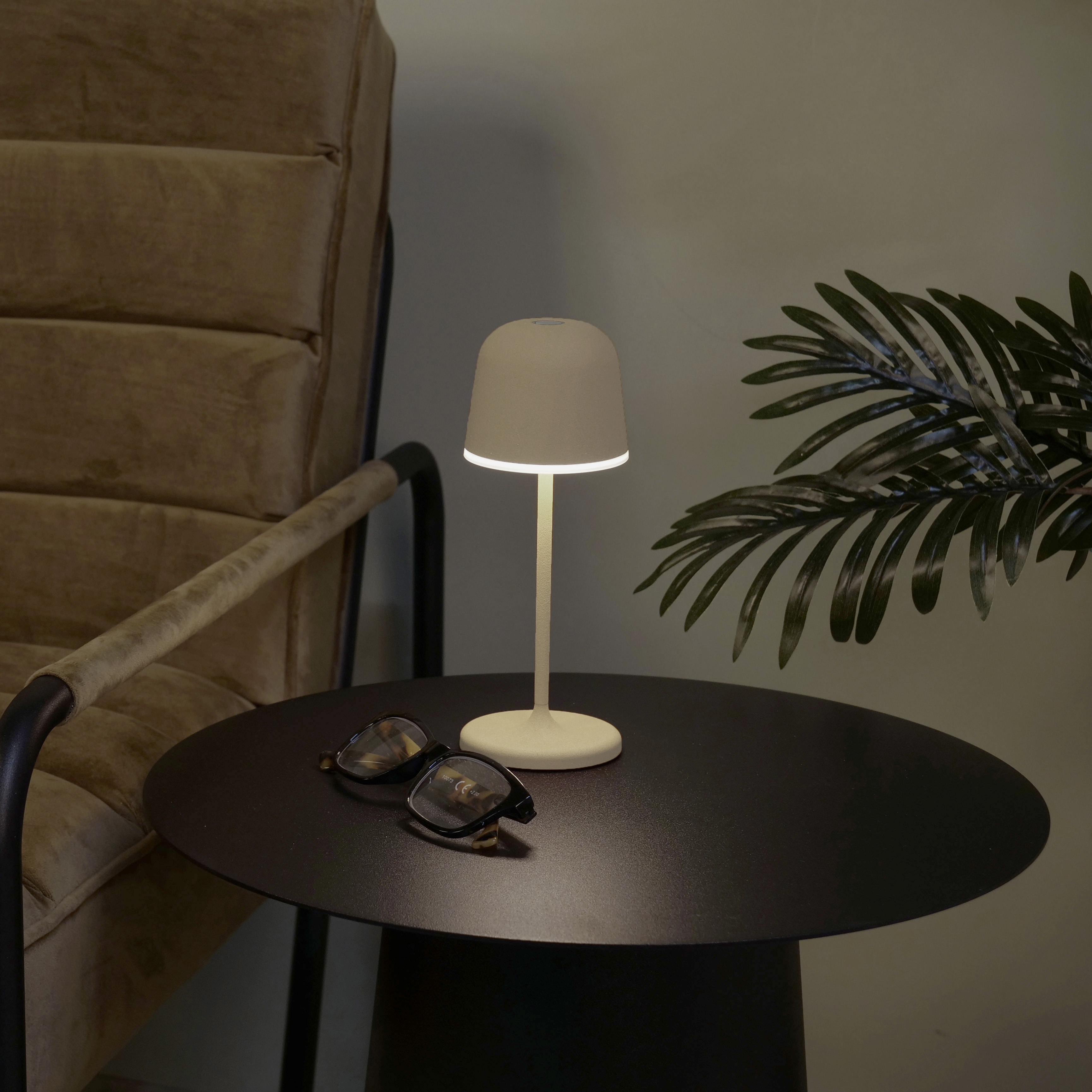 Eine Tischlampe und eine Brille liegen auf einem dunklen Tisch. Im Hintergrund ein Stuhl, rechts eine Pflanze.