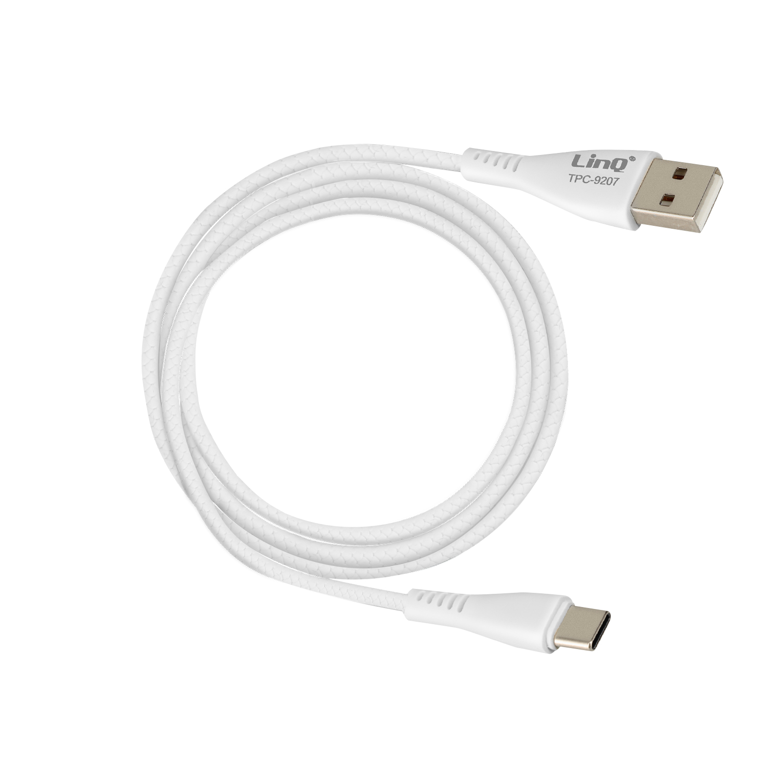Un cavo USB bianco, arrotolato in un cerchio, con un connettore USB-A a un'estremità e un USB-C all'altra. Il marchio è Linq.