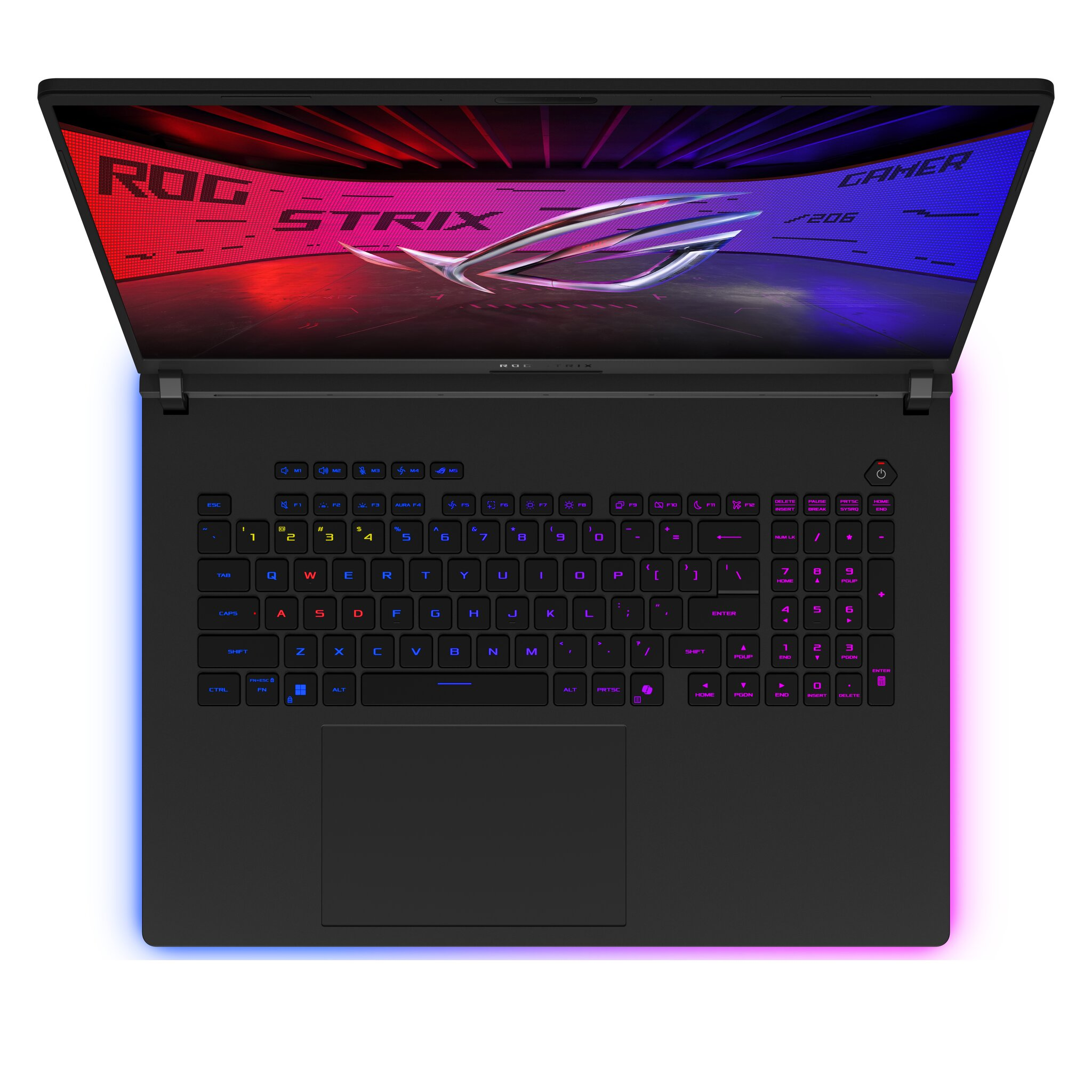 Un laptop nero con tastiera luminosa. Lo schermo mostra il logo ROG STRIX.