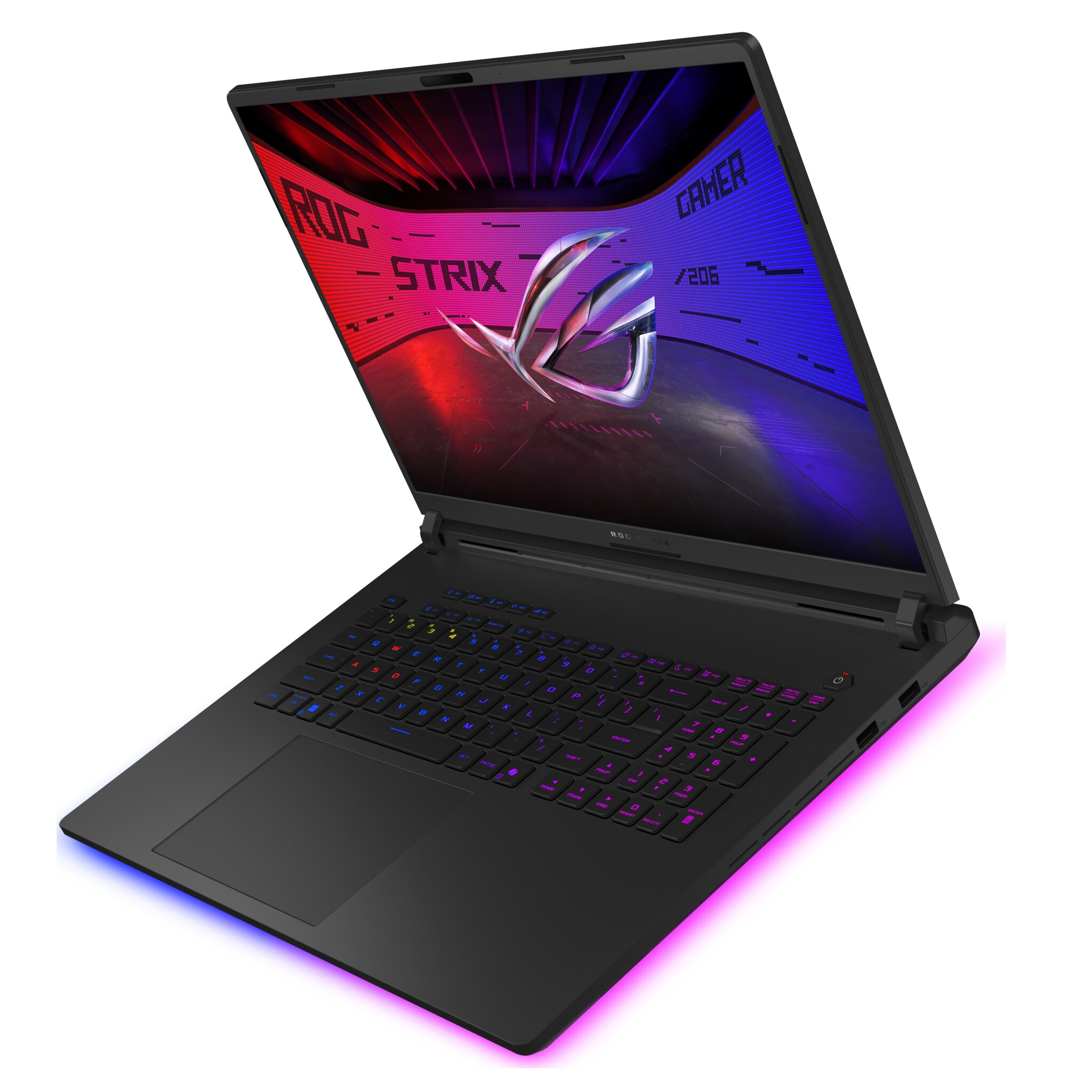 Laptop nero con tastiera e schermo illuminati. Logo ROG Strix visibile. Tasti con luci colorate.