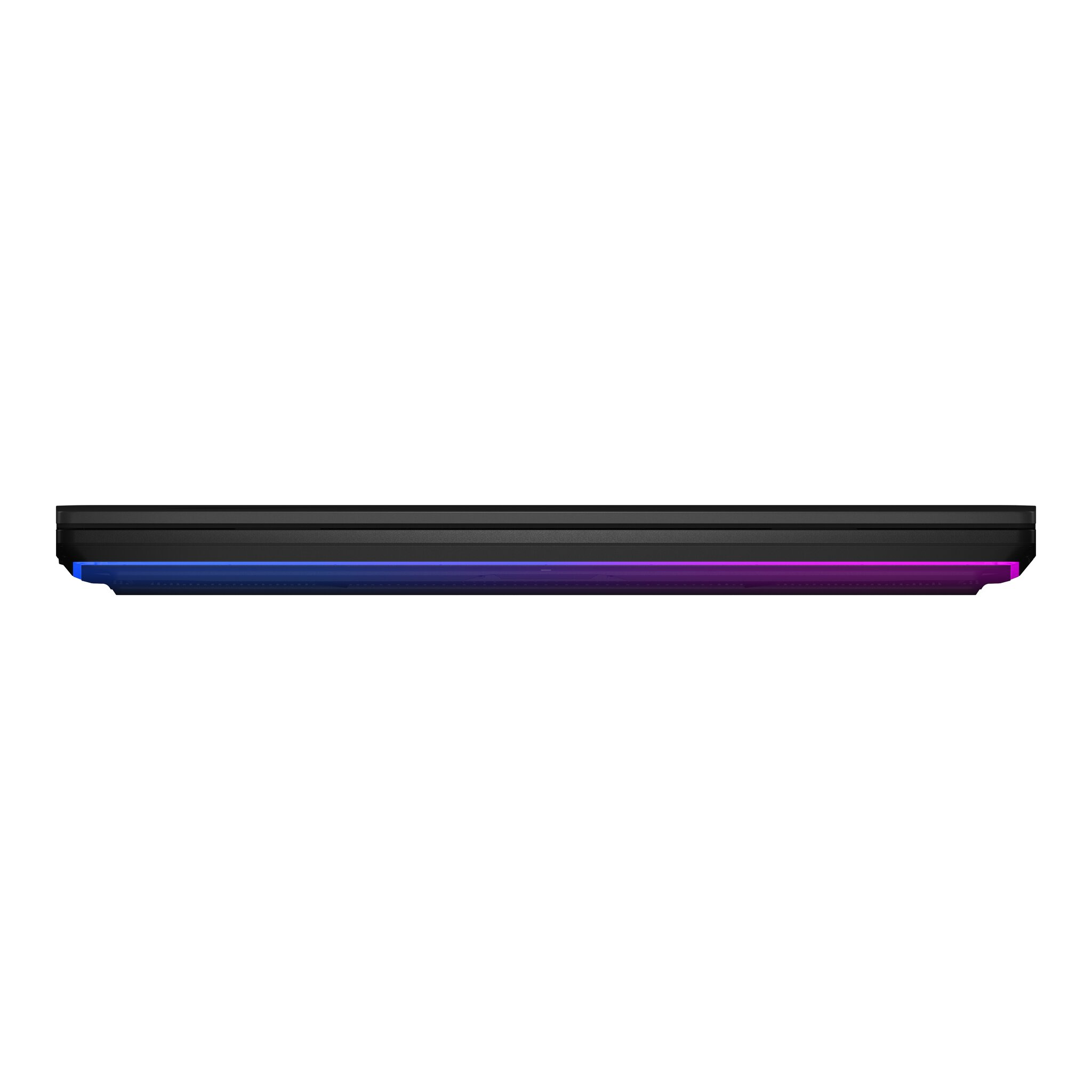 Un dispositivo nero e rettangolare con una barra luminosa a LED blu e viola. Lo sfondo è bianco.