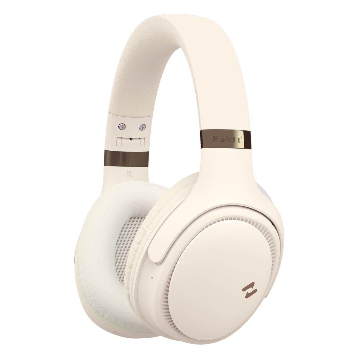 Kremowe słuchawki HAVIT. Słuchawki mają wyściełany pałąk i nauszniki. Nazwa marki znajduje się na pałąku.