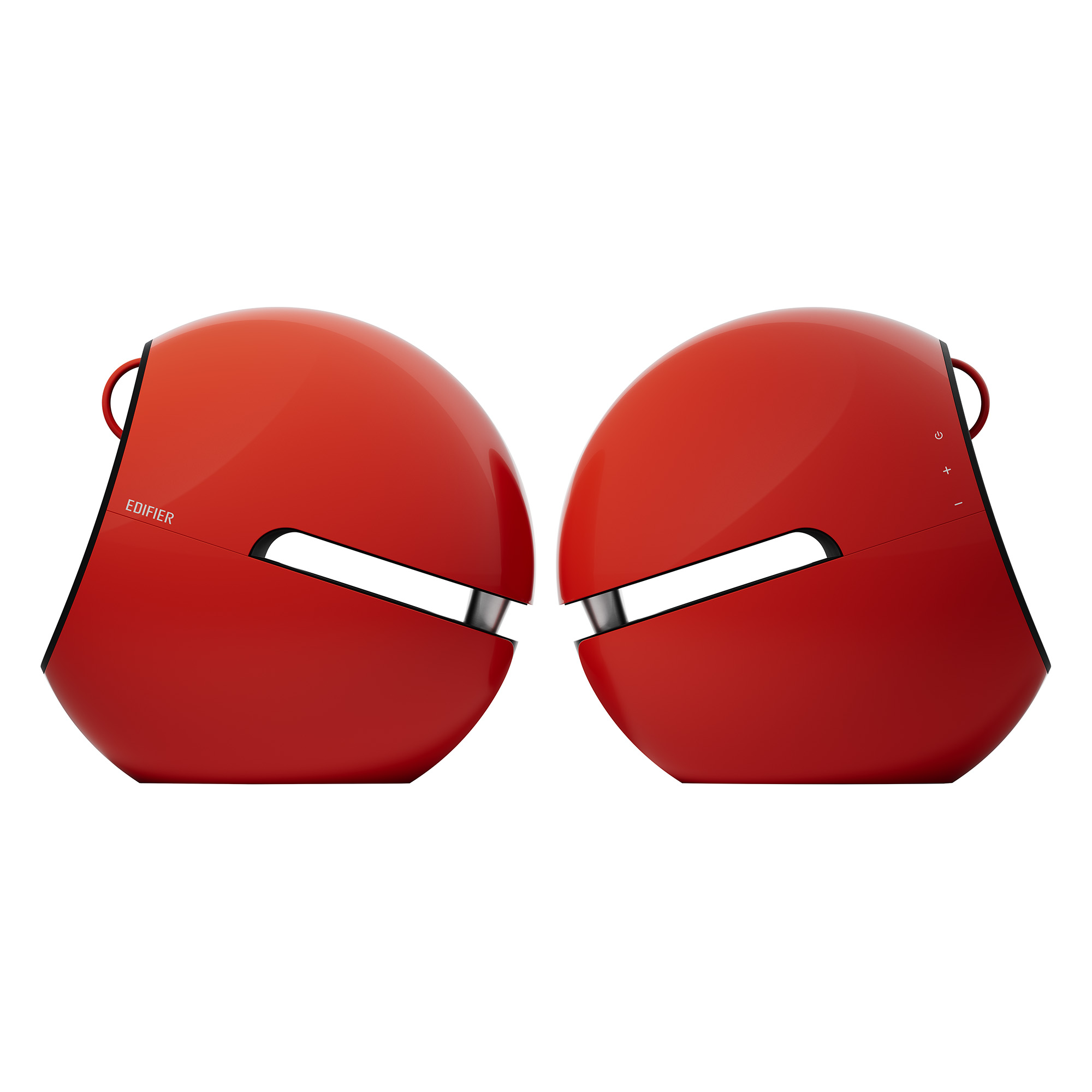 Dwa czerwone głośniki Edifier o zakrzywionym kształcie i białym paskiem pośrodku, na białym tle.