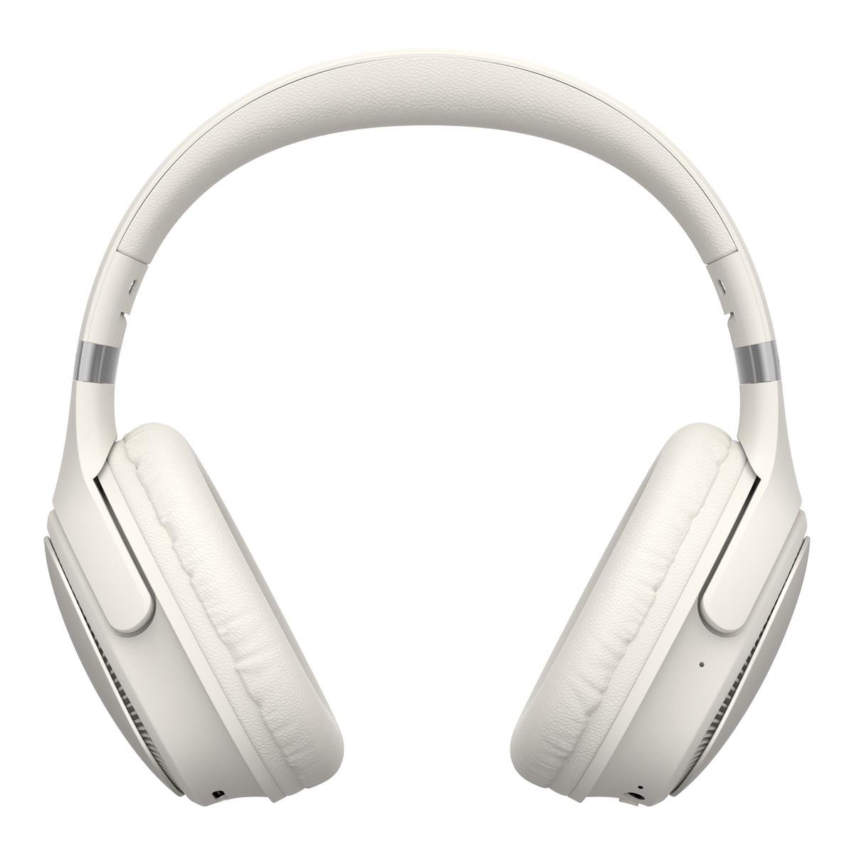 Kremowe słuchawki na białym tle. Słuchawki mają wyściełany pałąk i nauszniki ze srebrnymi akcentami.