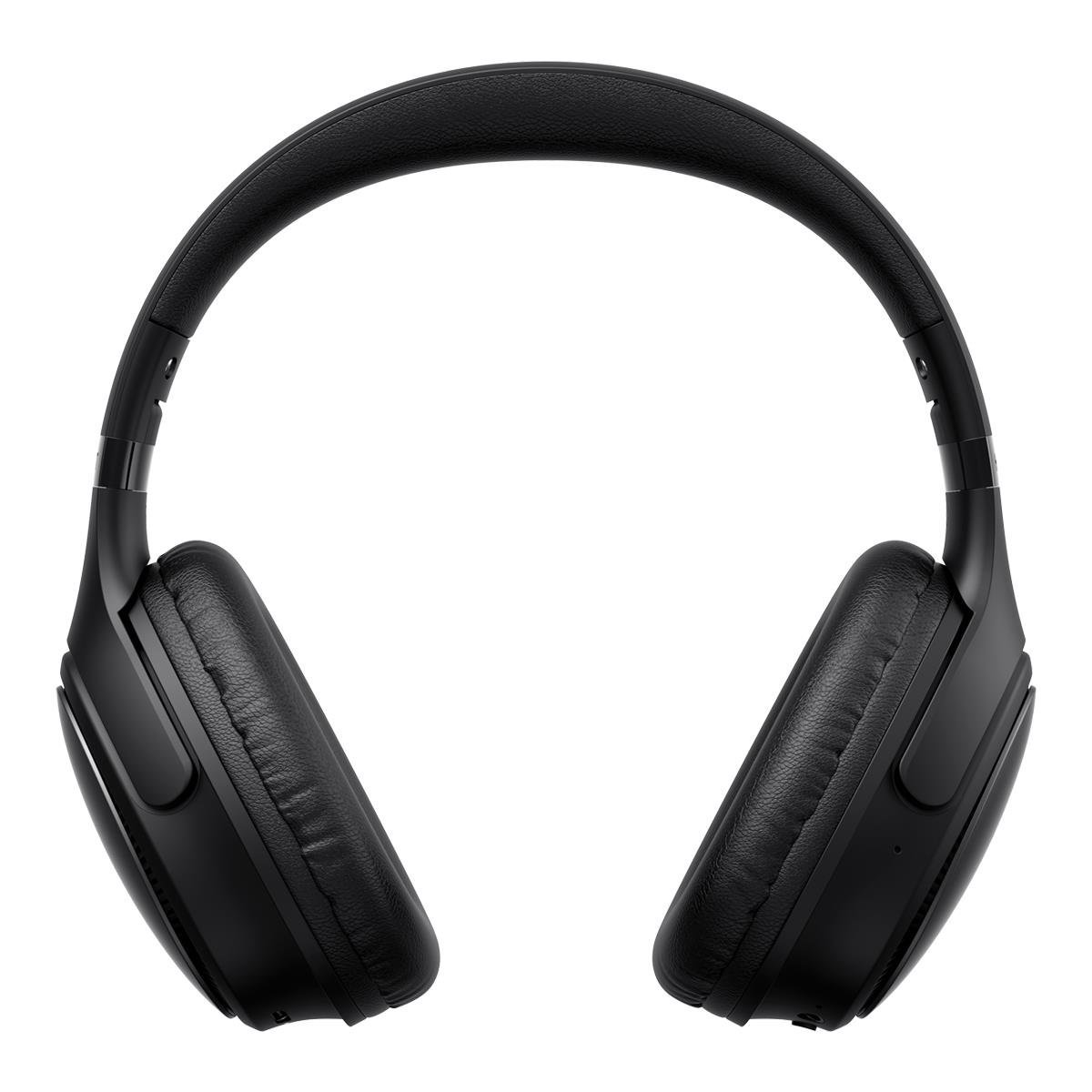 Auriculares negros de diadema, vista superior, sobre fondo blanco. Las orejeras están en ángulo, y la diadema se curva por encima.