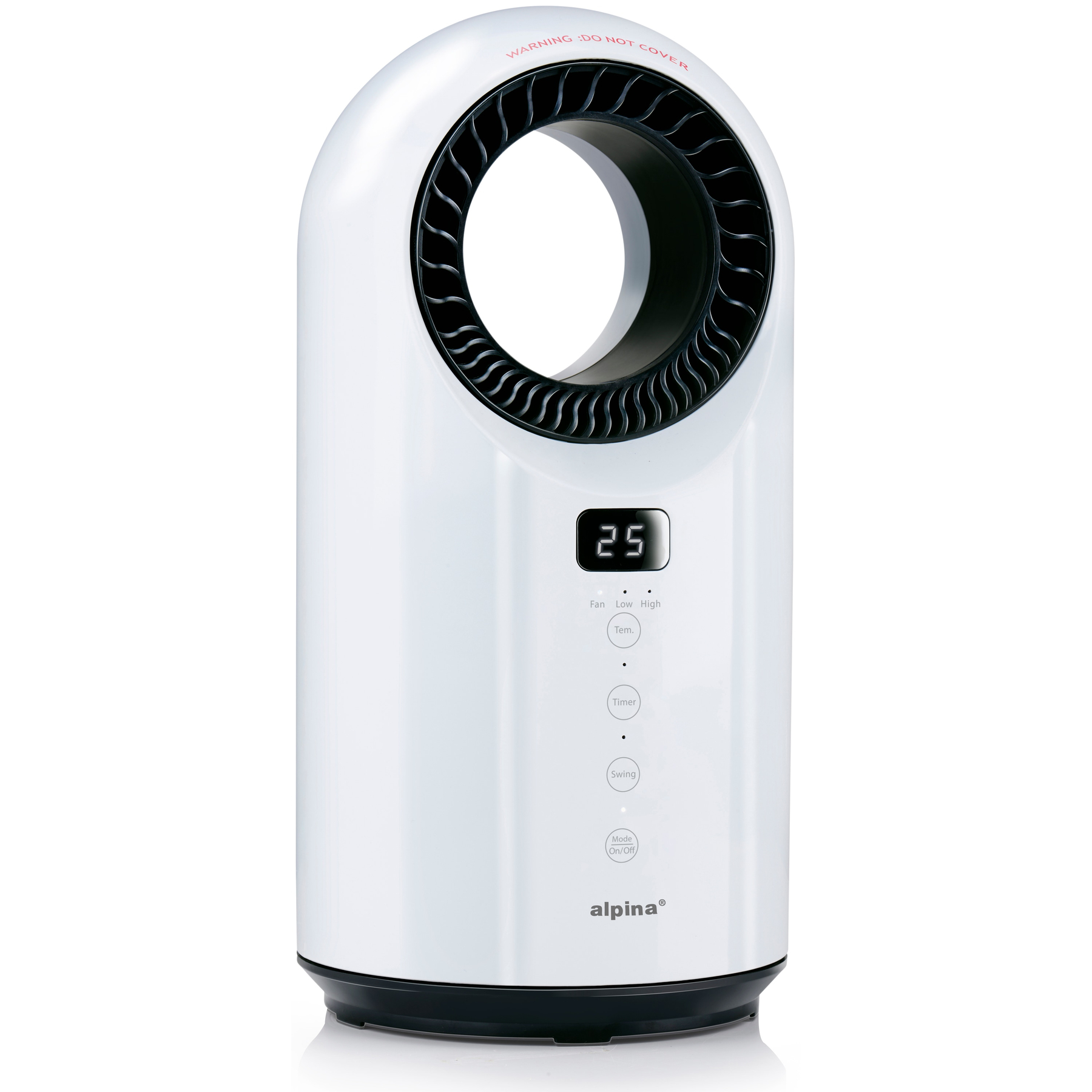 Witte torenventilator met zwarte accenten. Digitaal display toont 25. Bedieningsknoppen voor ventilator, temp, timer en swing.