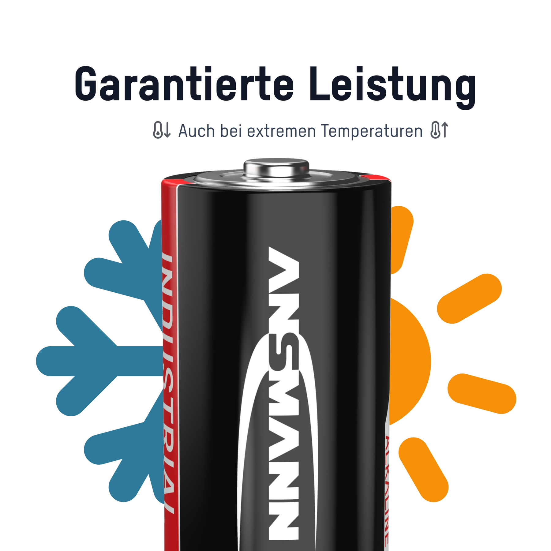 Schwarze Batterie mit weißem ANSMANN-Text. Blaue Schneeflocke und orangefarbene Sonnensymbole. Text oben: 'Garantierte Leistung'.