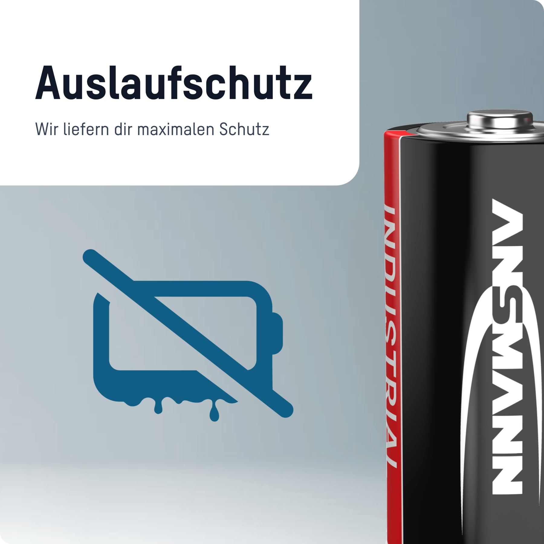 Das Bild zeigt eine Batterie mit dem Symbol „kein Auslaufen“. Die Marke ist ANSMANN. Text Auslaufschutz erscheint.