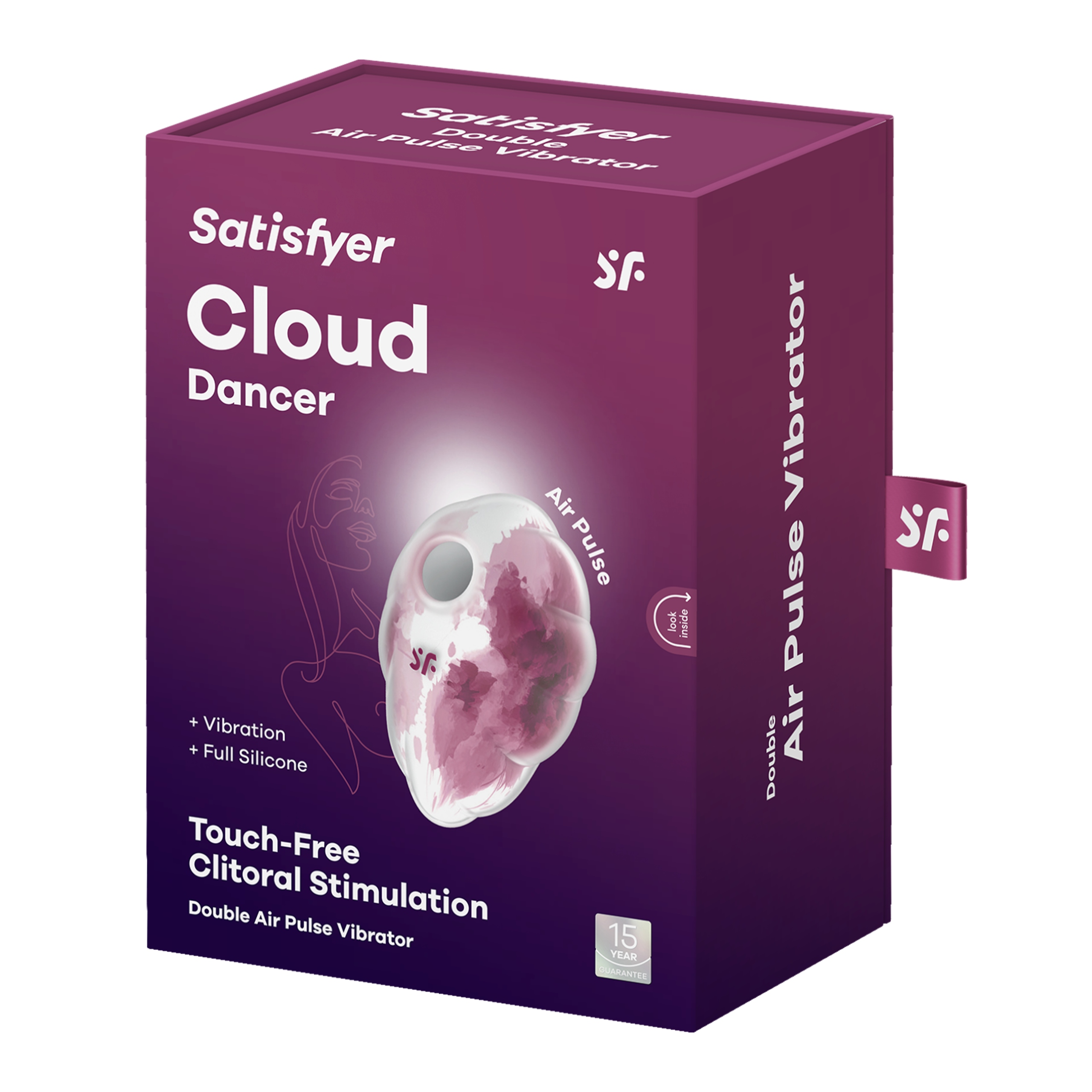 Fioletowe pudełko z napisem 'Satisfyer Cloud Dancer'. Zawiera stymulator łechtaczki i logo.