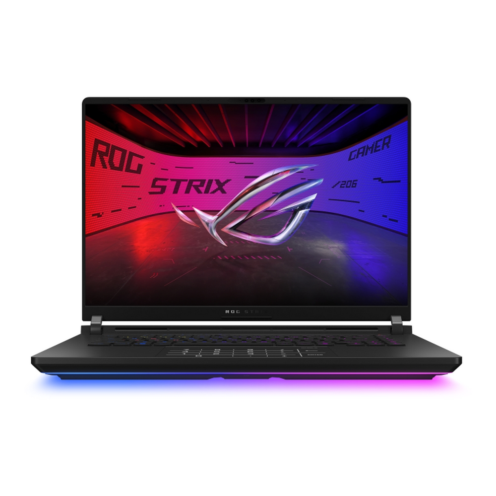 Laptop nero con logo ROG Strix sullo schermo, illuminazione RGB in basso. Lo schermo mostra un design di gioco colorato.