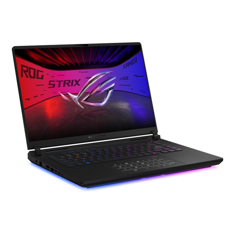 Laptop da gaming nero con schermo aperto che mostra il logo ROG Strix. Tastiera illuminata. Sfumature rosse e blu sullo schermo.