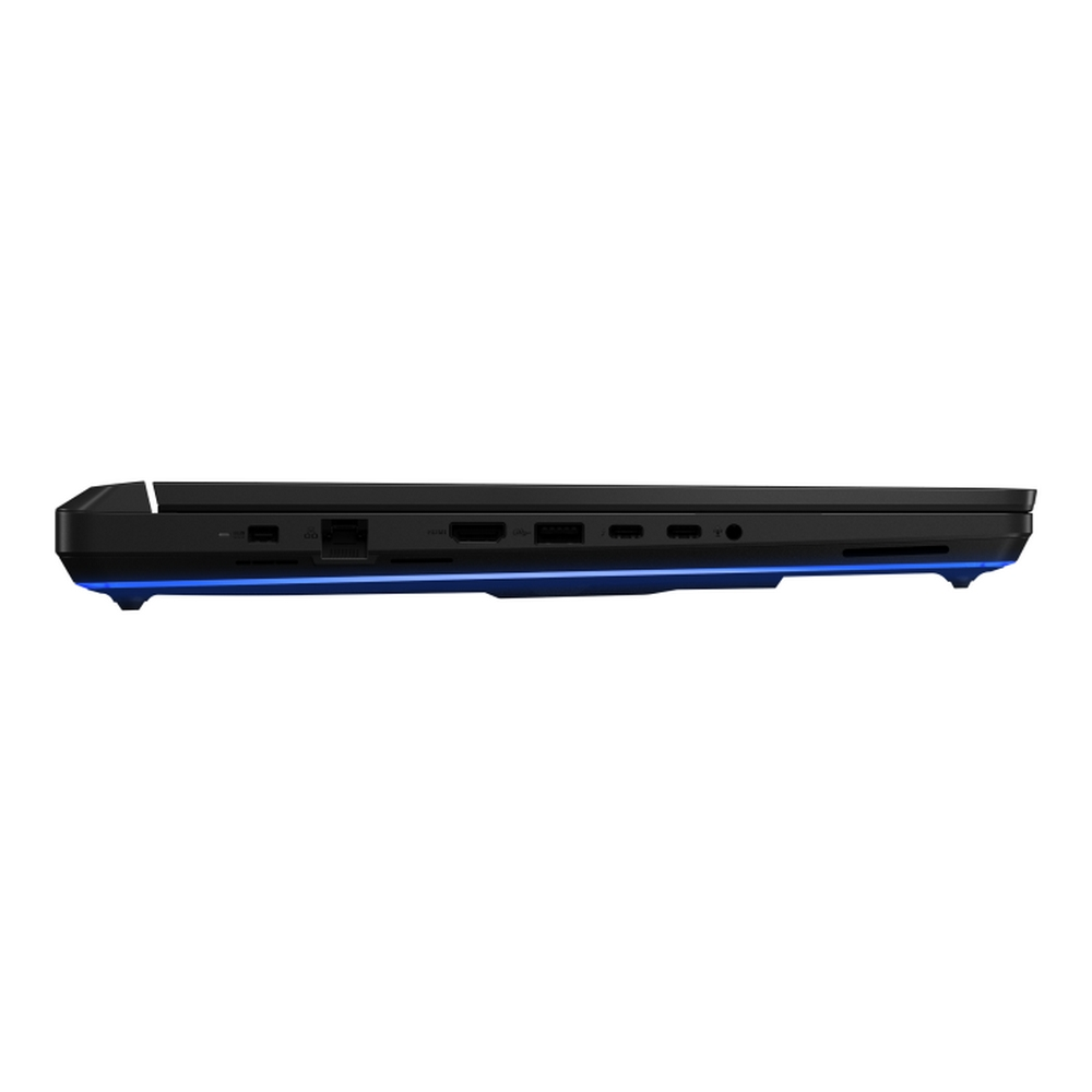Vista laterale di un laptop nero con luci LED blu. Mostra porte per HDMI, USB e altre connessioni, su sfondo bianco.