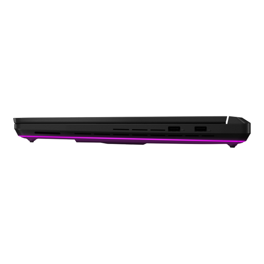Vista laterale di un laptop nero con illuminazione viola lungo il bordo inferiore. Le porte sono visibili sul lato.