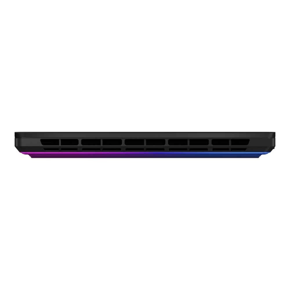 Il bordo inferiore di un laptop nero con una fila di prese d'aria. Ha una sfumatura colorata di luci viola e blu.