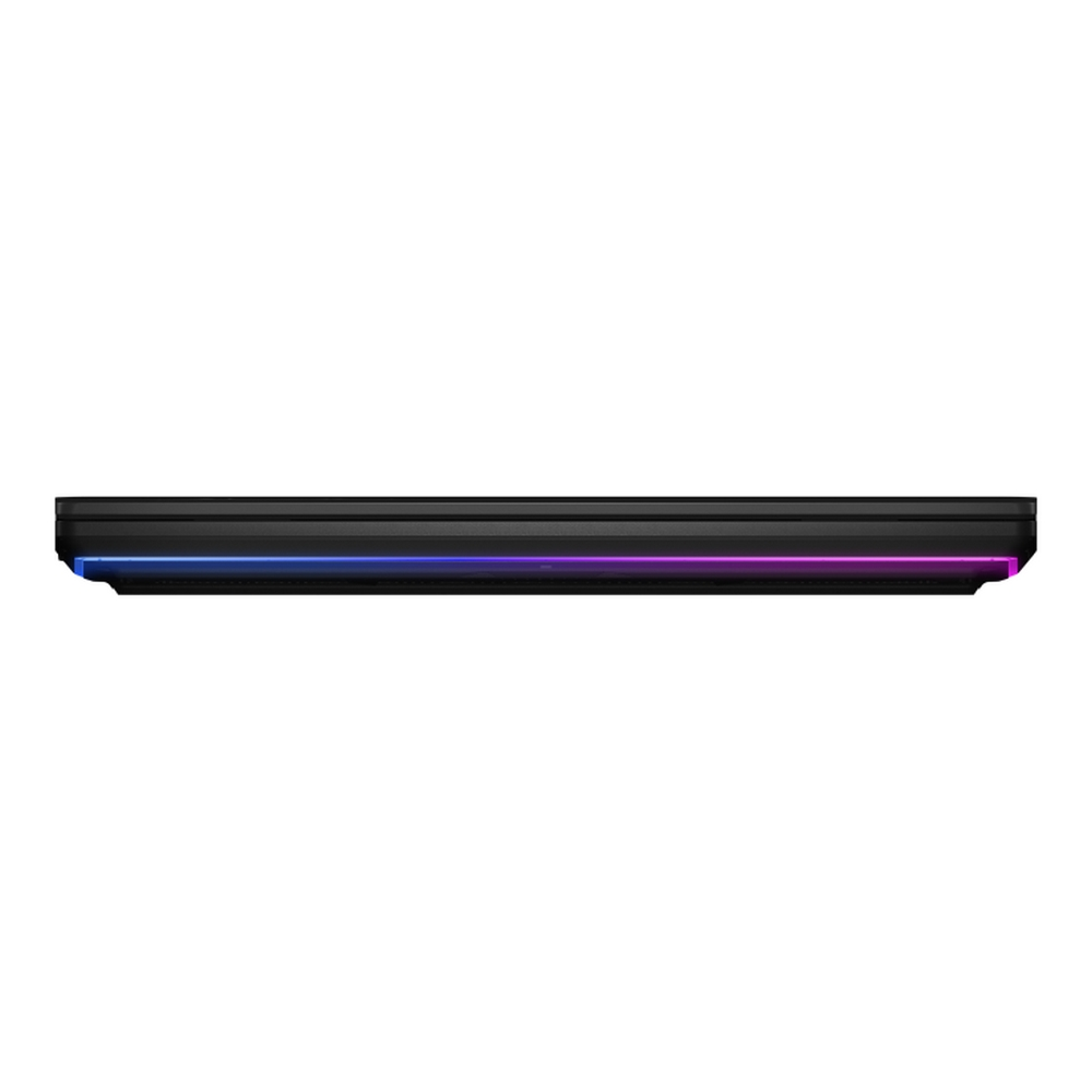 Dispositivo elettronico nero e rettangolare con una striscia luminosa colorata sul bordo inferiore. I colori includono blu, viola e rosa.