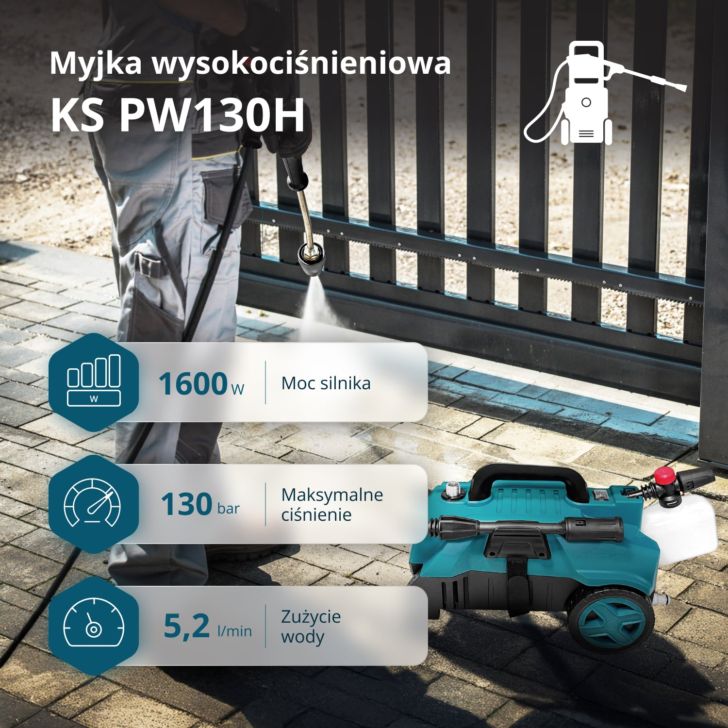 Osoba używa myjki ciśnieniowej. Maszyna jest turkusowo-czarna. Dane techniczne: 1600W, 130 bar, 5,2 l/min.