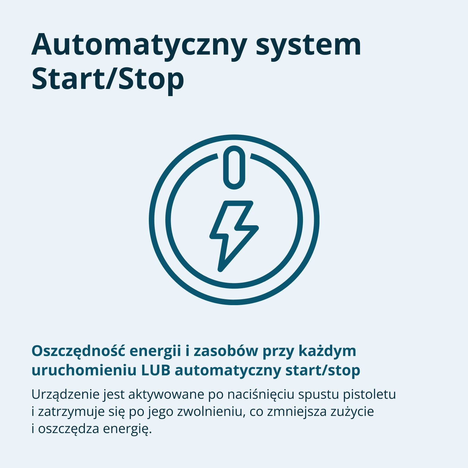 Obrazek pokazuje 'Automatyczny system Start/Stop'. Ma okrągłą ikonę z błyskawicą w środku. Tekst wyjaśnia funkcje oszczędzania energii.