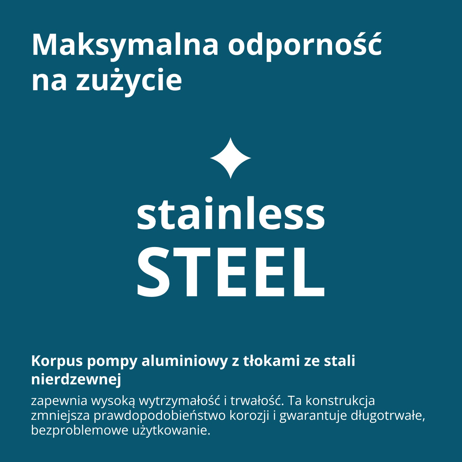 Ciemnoturkusowe tło z białym tekstem. Słowa 'stainless STEEL' są widoczne. Polski tekst opisuje pompę aluminiową i tłoki ze stali nierdzewnej.