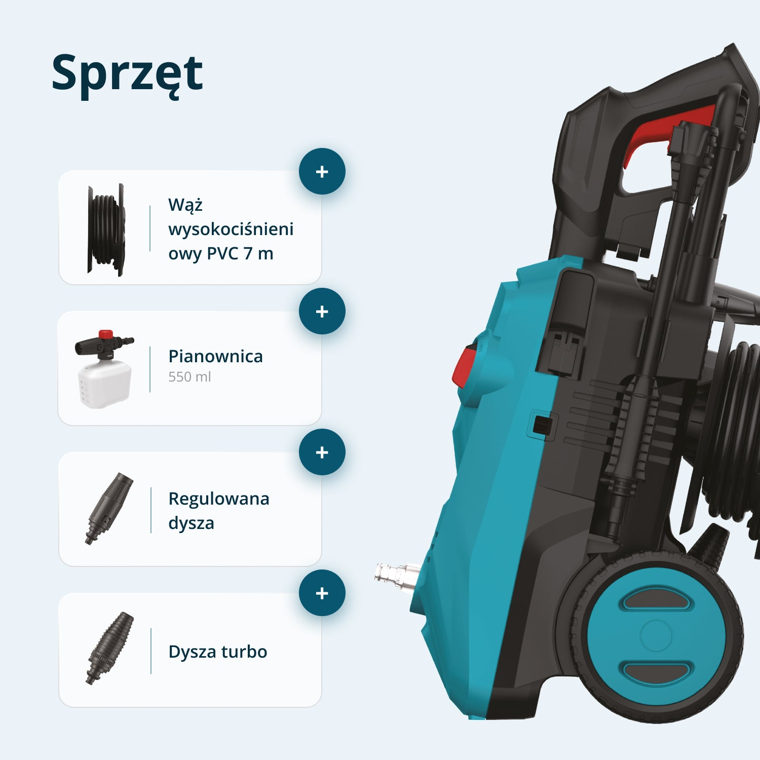 Niebiesko-czarna myjka ciśnieniowa z akcesoriami: wąż, pianownica, regulowana dysza i dysza turbo. Tekst po polsku.