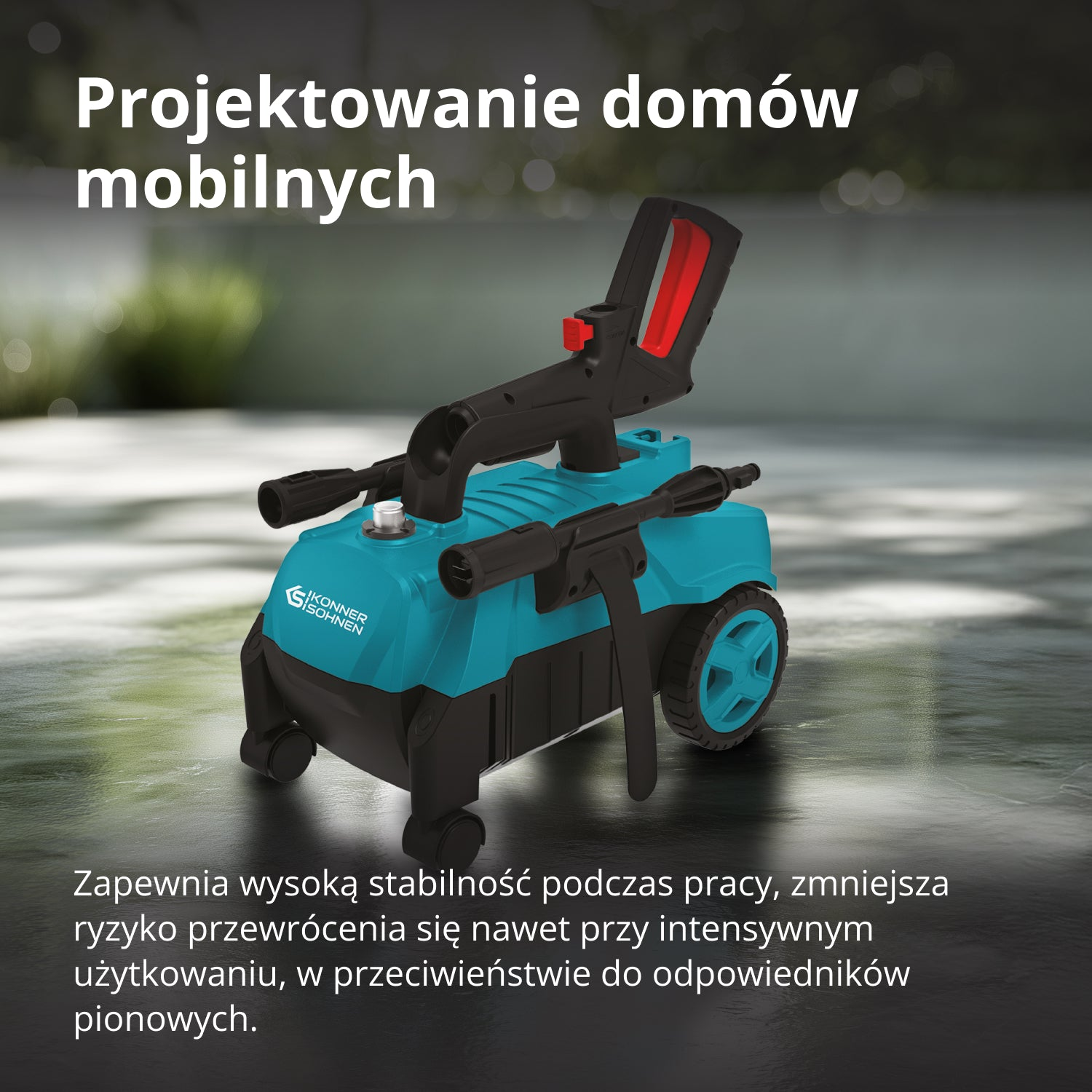 Niebiesko-czarna myjka ciśnieniowa z czerwonymi akcentami na odblaskowej powierzchni. U góry widnieje napis "Projektowanie domów mobilnych".