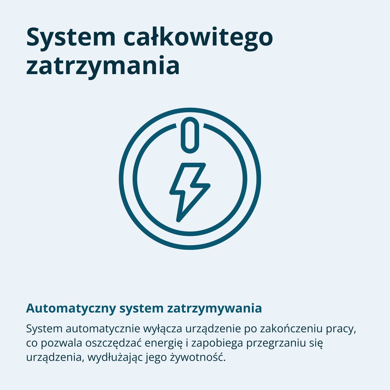 Obrazek przedstawia niebieską ikonę zasilania, koło z piorunem w środku. Tekst mówi 'System całkowitego zatrzymania' i 'Automatyczny system zatrzymywania'.