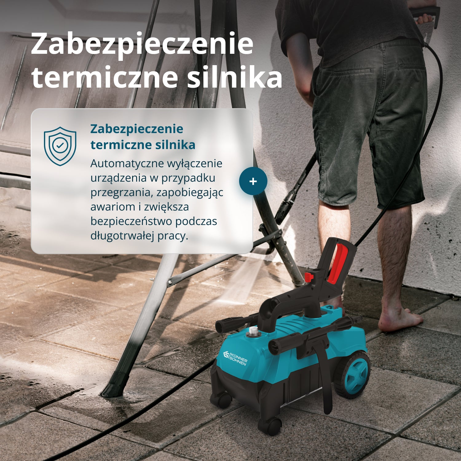 Osoba używa myjki ciśnieniowej na kafelkowej powierzchni. Myjka jest turkusowa i czarna, z czerwonym uchwytem.