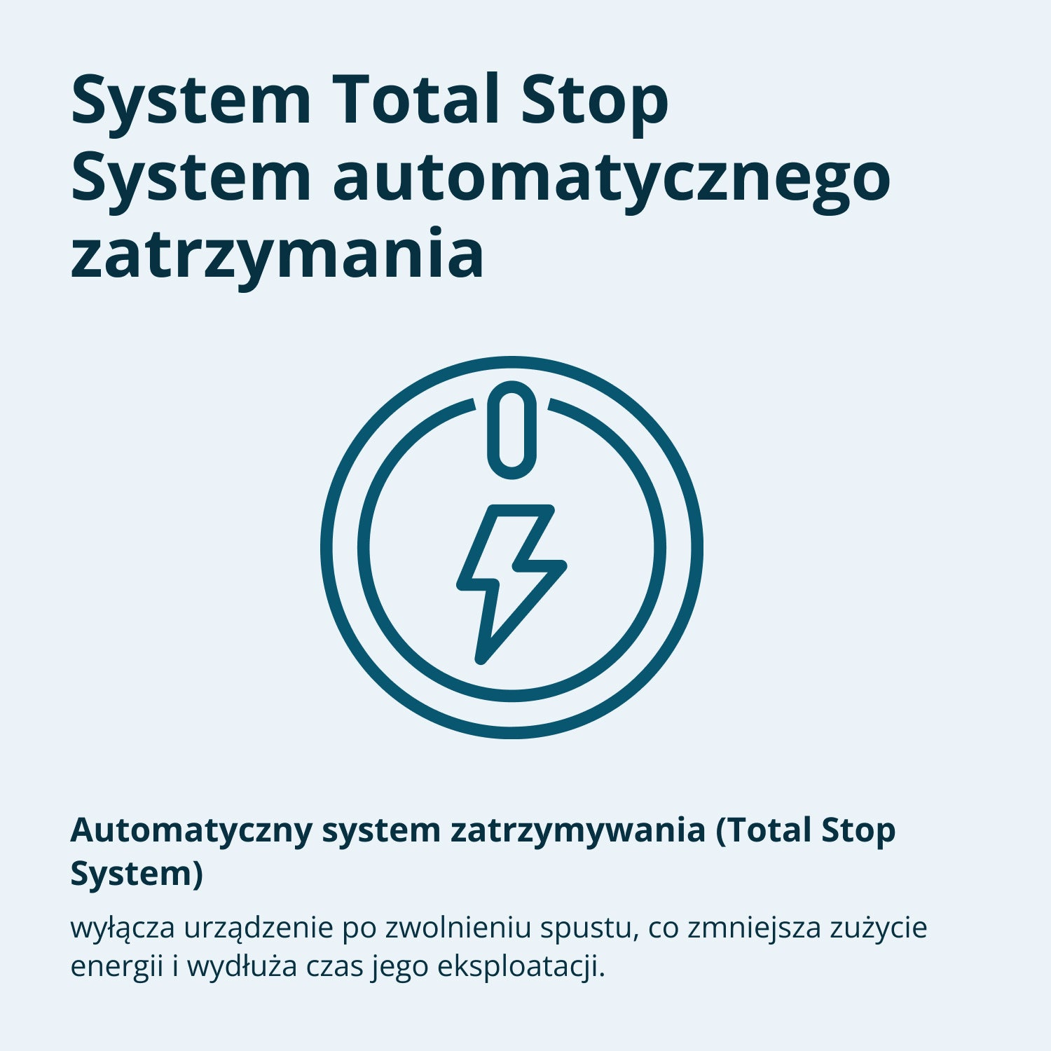 Obraz wyświetla tekst 'System Total Stop' i symbol elektryczny w okręgu oraz tekst o automatycznym systemie zatrzymania.