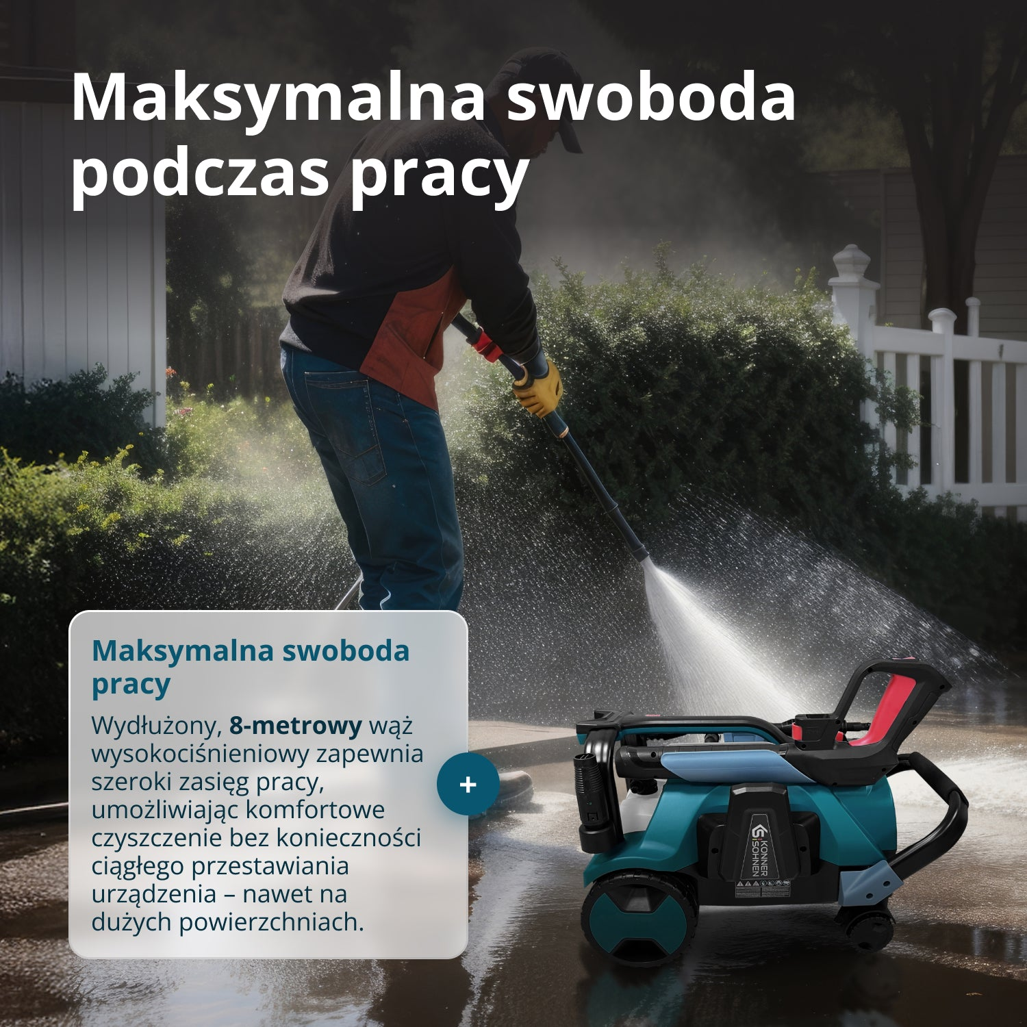 Osoba używająca myjki ciśnieniowej na podjeździe. Zielono-czarna myjka ciśnieniowa znajduje się na pierwszym planie.