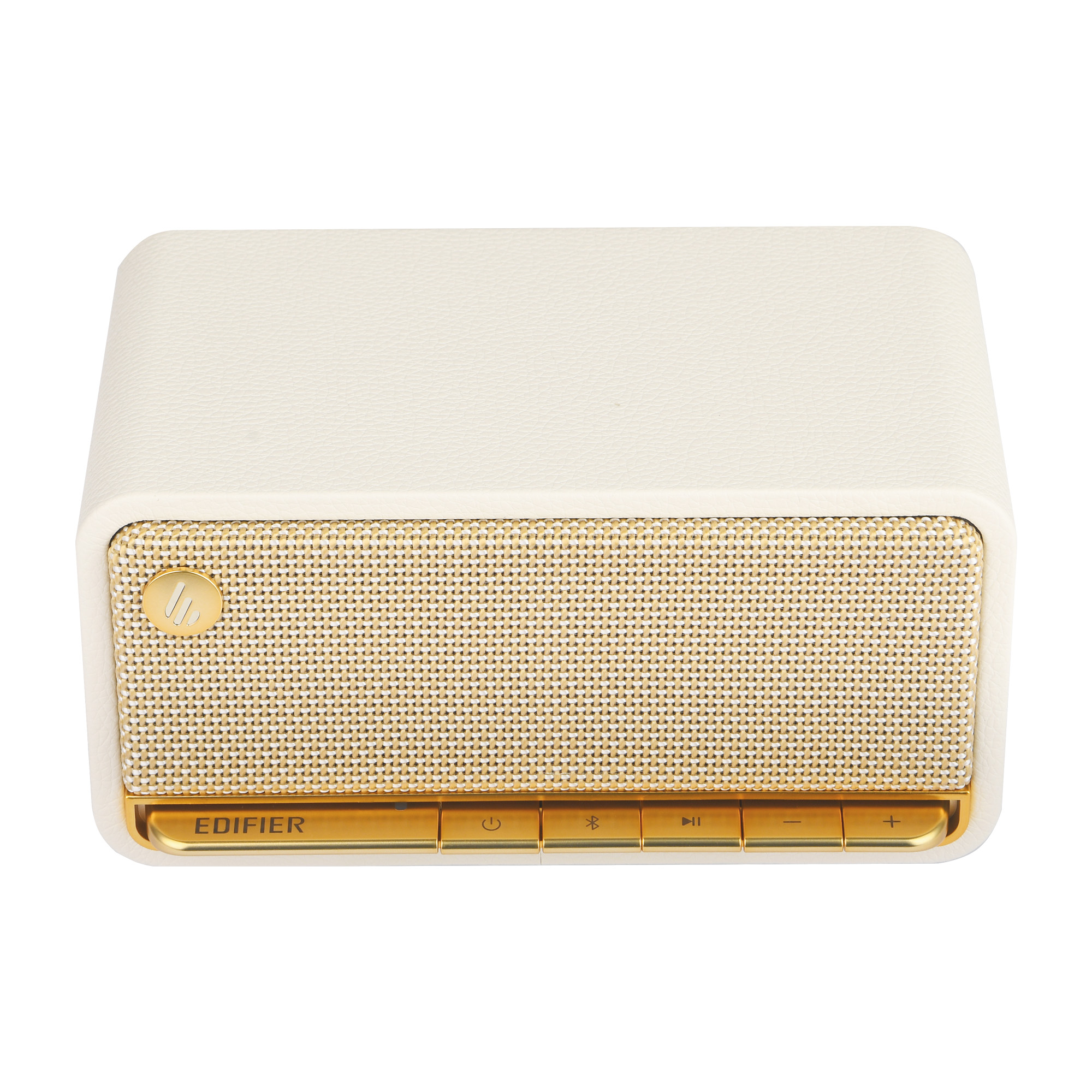 Kremowy głośnik Edifier. Złoty przód z siatki, złote przyciski i złote logo Edifier. Białe tło.