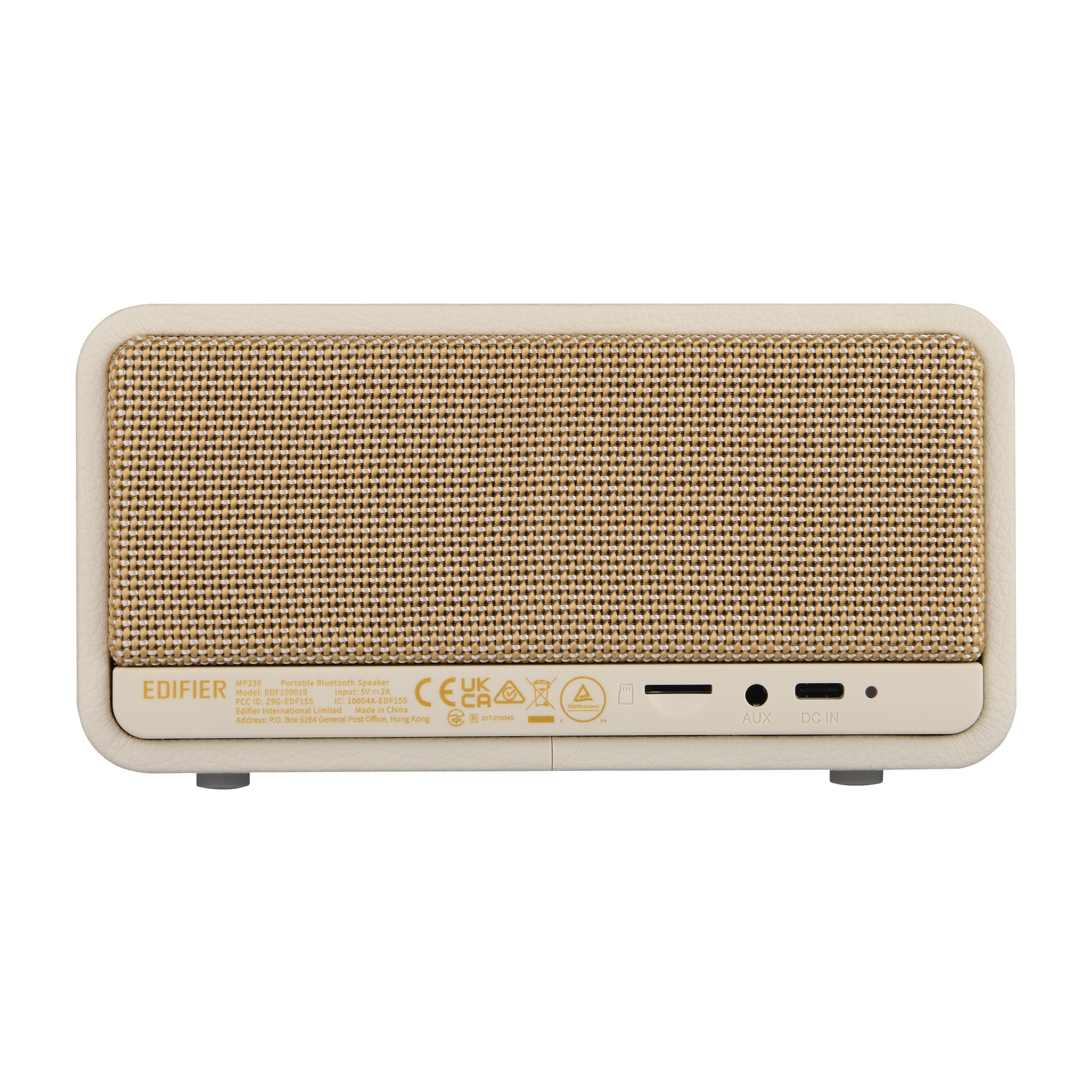 Beżowy prostokątny głośnik z tkanym przodem. Ma wykończenie imitujące skórę i różne porty i przyciski z tyłu.