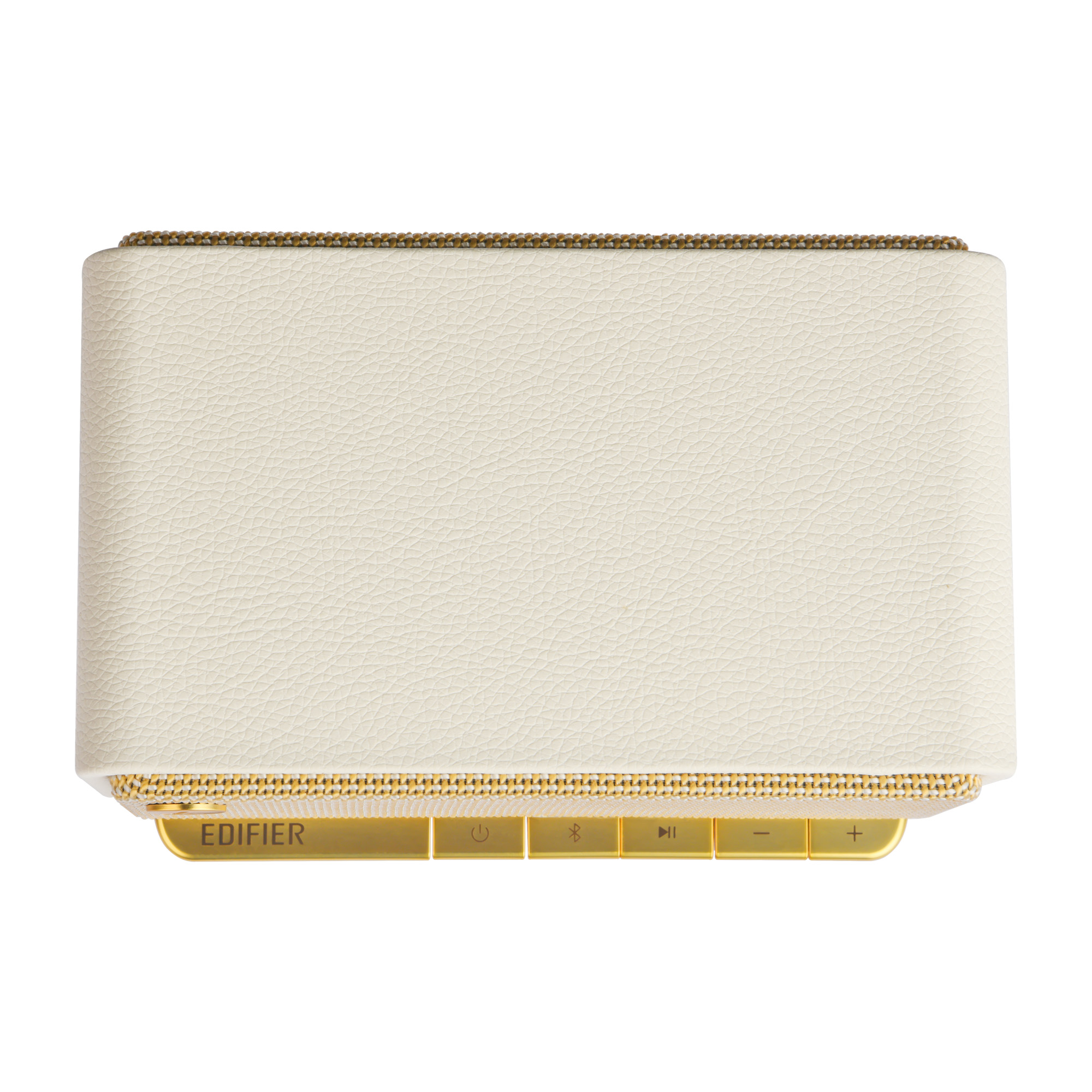 Kremowy głośnik ze złotymi wykończeniami i przyciskami. Widoczna nazwa marki 'EDIFIER'. Przyciski zasilania, Bluetooth i regulacji głośności.