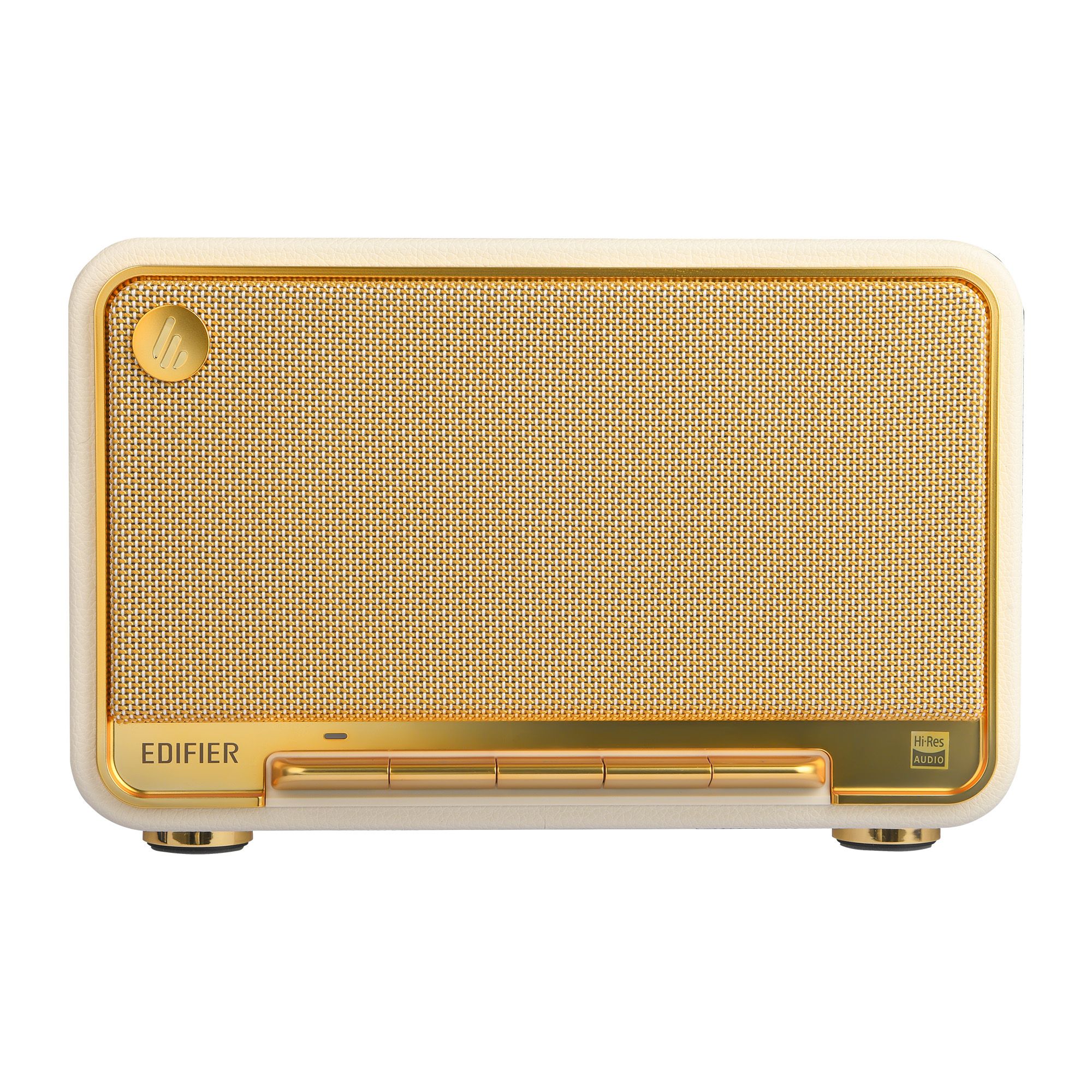 Kremowy i złoty głośnik z siatkowym przodem. Posiada markę Edifier i logo Hi-Res Audio.