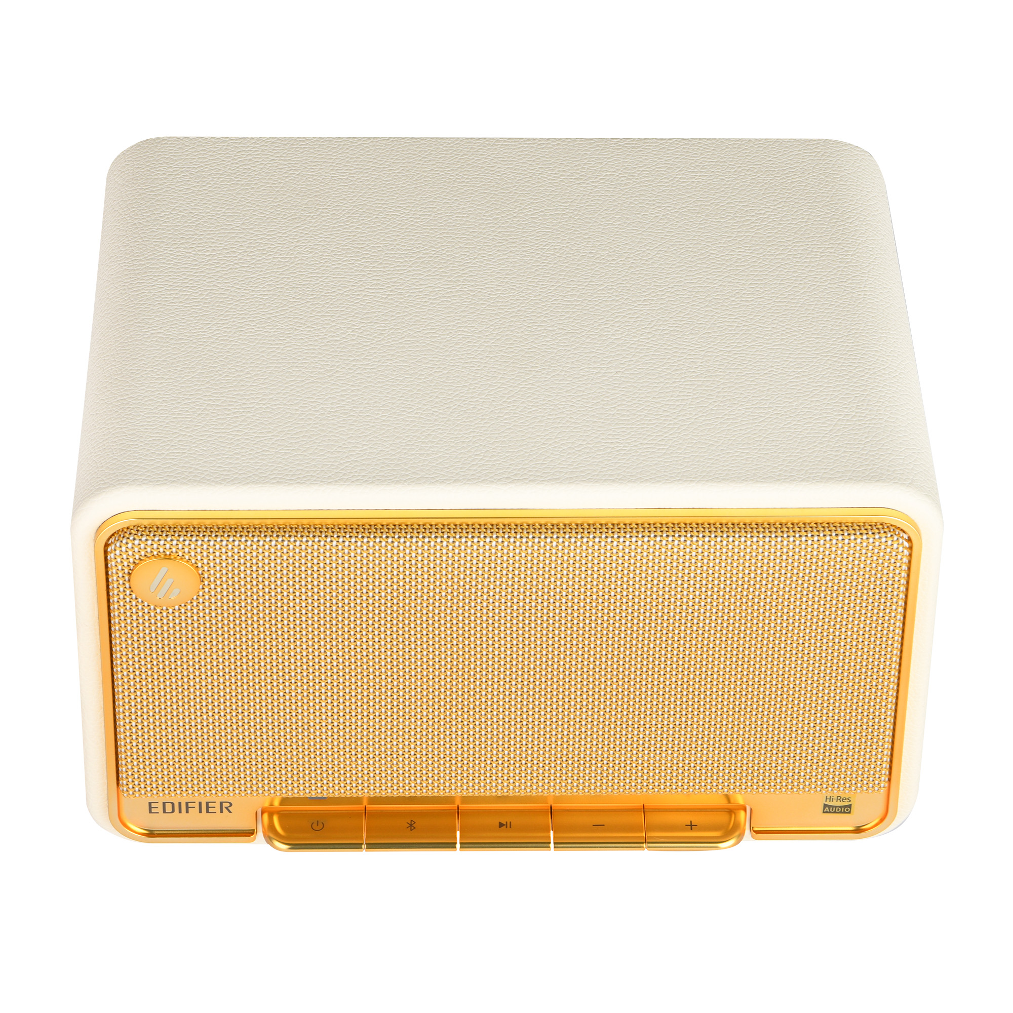 Kremowo-złoty głośnik z teksturowanym wierzchem, złotym frontem z siatki i przyciskami sterowania. Marka to Edifier.