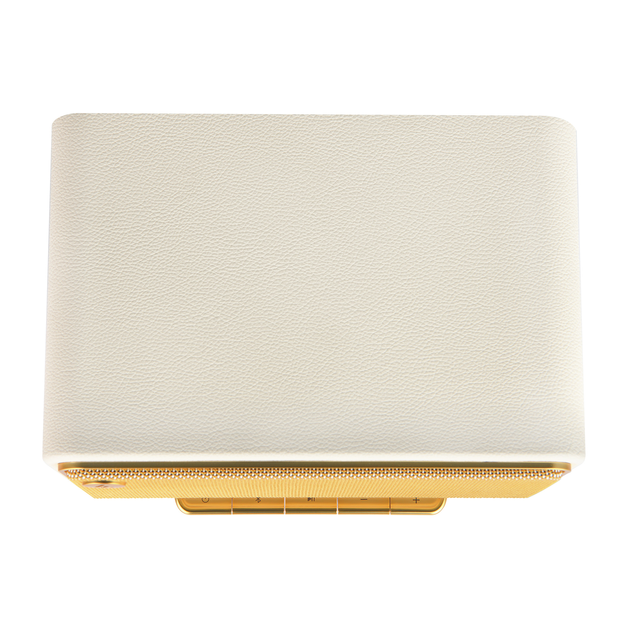 Widok z góry na kremowy głośnik ze złotymi akcentami. Przyciski są widoczne. Tło jest białe.