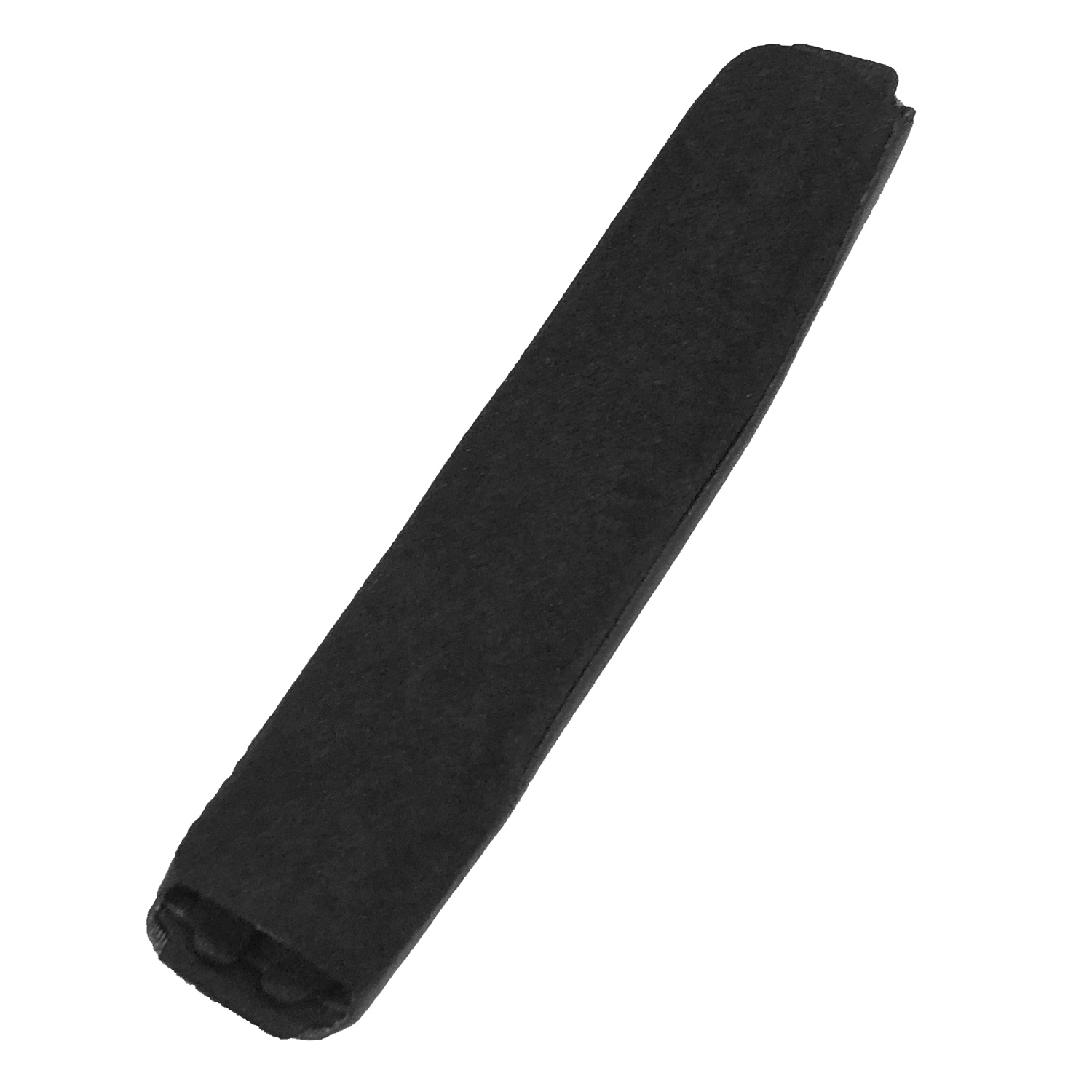 Ein schwarzes, rechteckiges Schaumstoffobjekt auf weißem Hintergrund. Es hat abgerundete Ecken und eine leicht strukturierte Oberfläche.