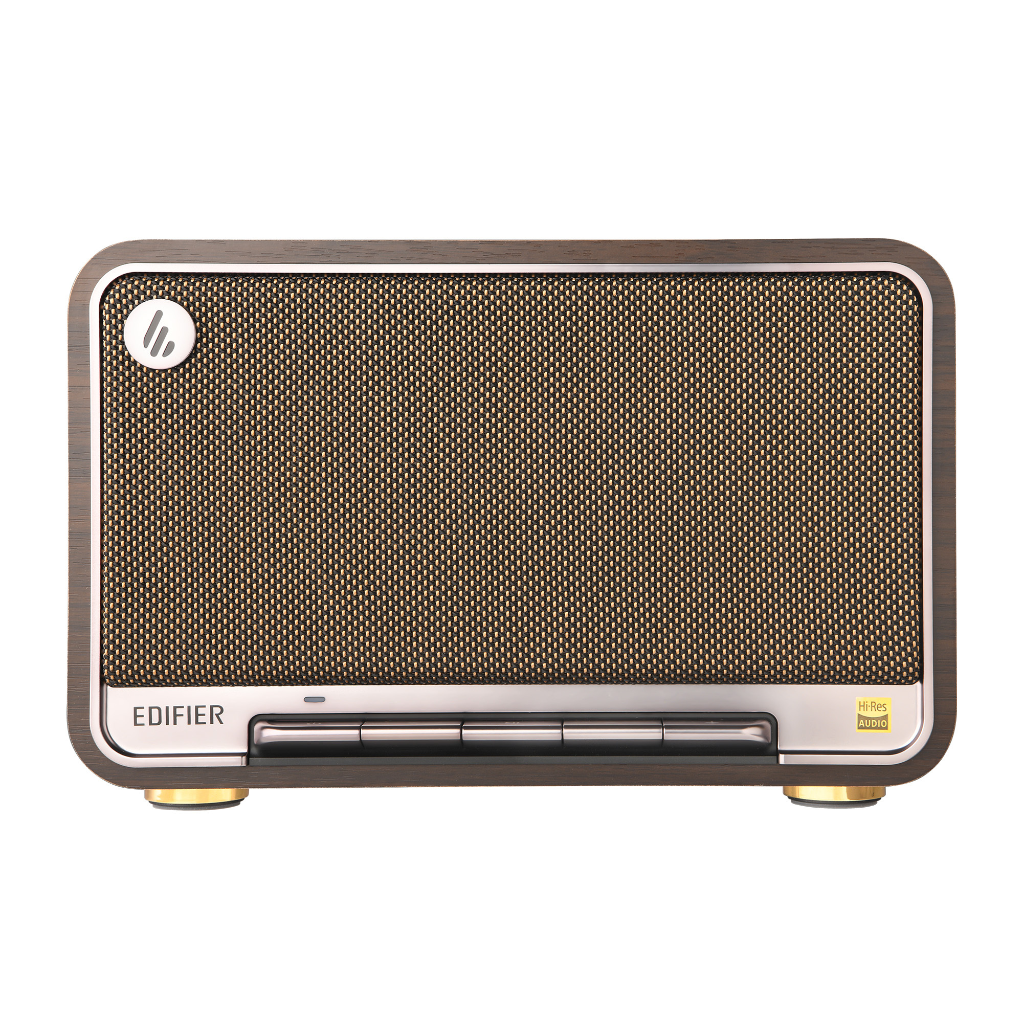 Prostokątny głośnik z brązową drewnianą ramą, złotym frontem z siatki i srebrnymi akcentami. Posiada nazwę i logo marki.
