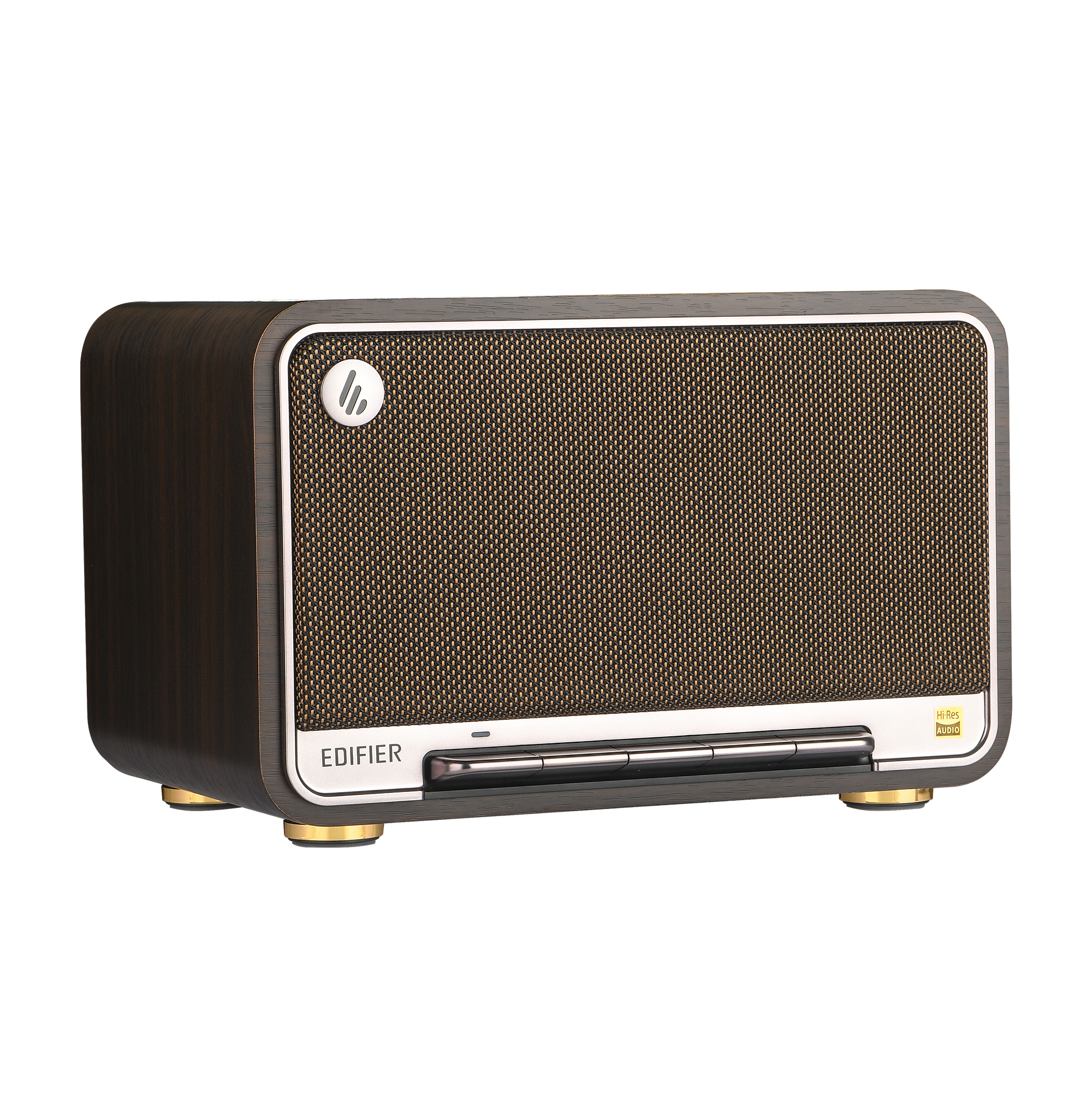 Brązowy drewniany głośnik Edifier ze złotym przednim panelem z siatki, srebrnymi wykończeniami i złotymi nóżkami, na białym tle.